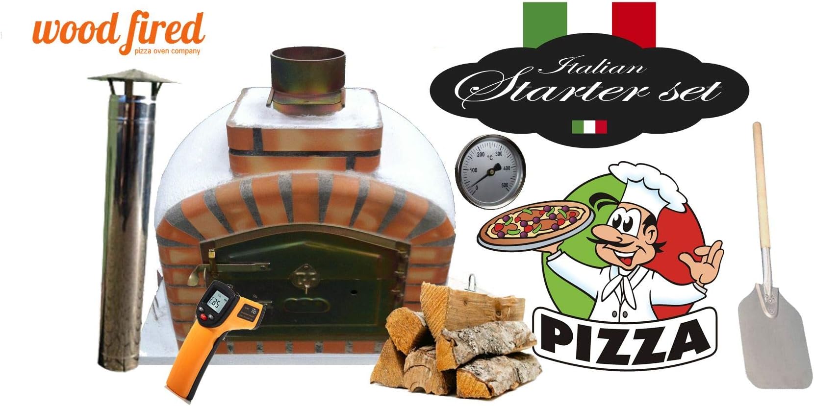 Brick Red Exclusive Wood Fired Pizza Oven Starter Kit, Orange Arch, Gold Door, 80cm X 80cm