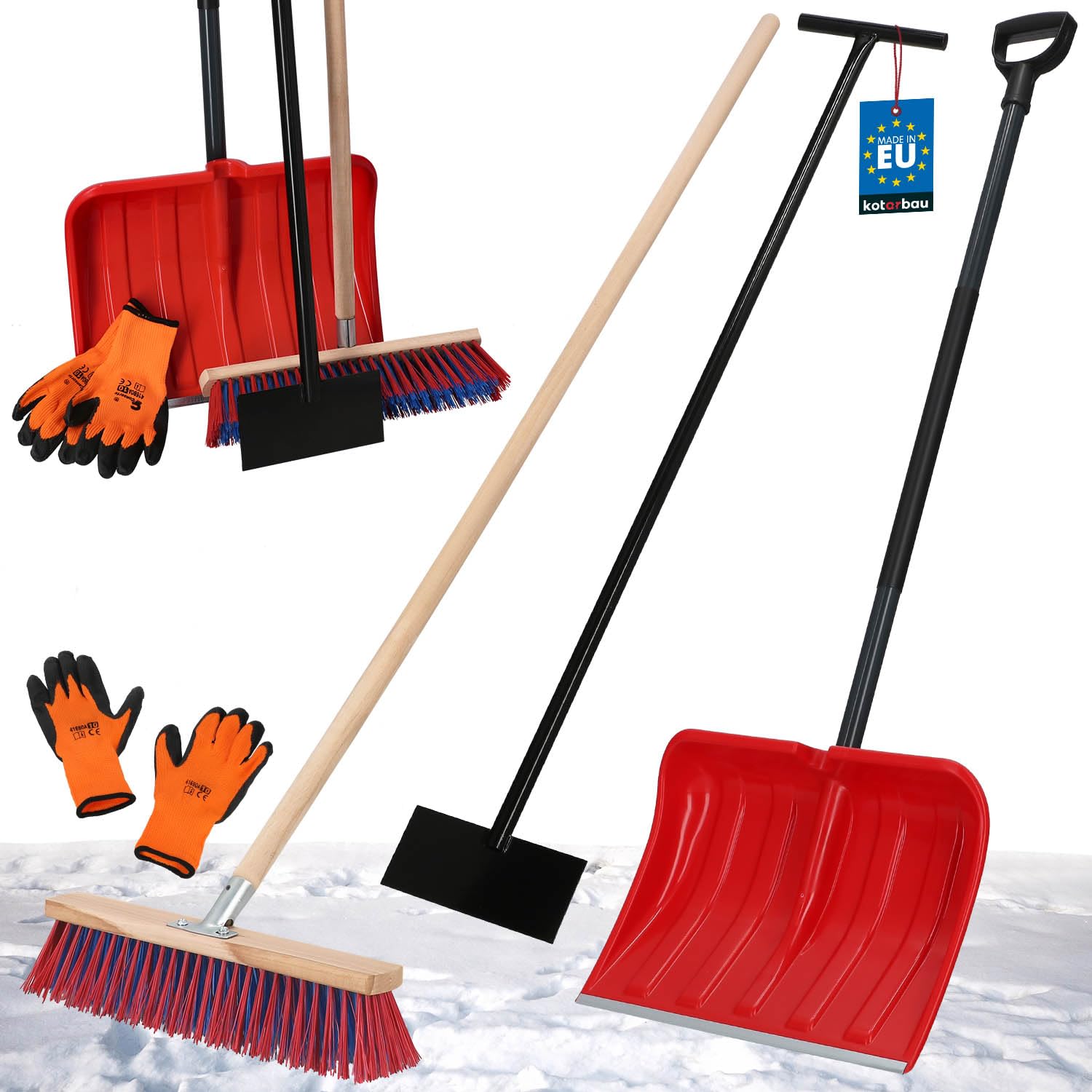 KOTARBAU® Set Schneeschaufel mit Metallgriff 133 cm Straßenbesen mit Stiel 150 cm Eisschaber 119 x 20 cm + Handschuhe Schneeschieber Schneeschaufel Stiel zur Schneeräumung