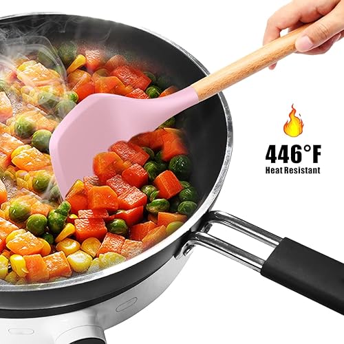 Miniatura 8 de Juego de 14 utensilios de cocina de silicona, resistente al calor de 446 F, espátula, cuchara, cepillo, batidor, asas de madera, juego de