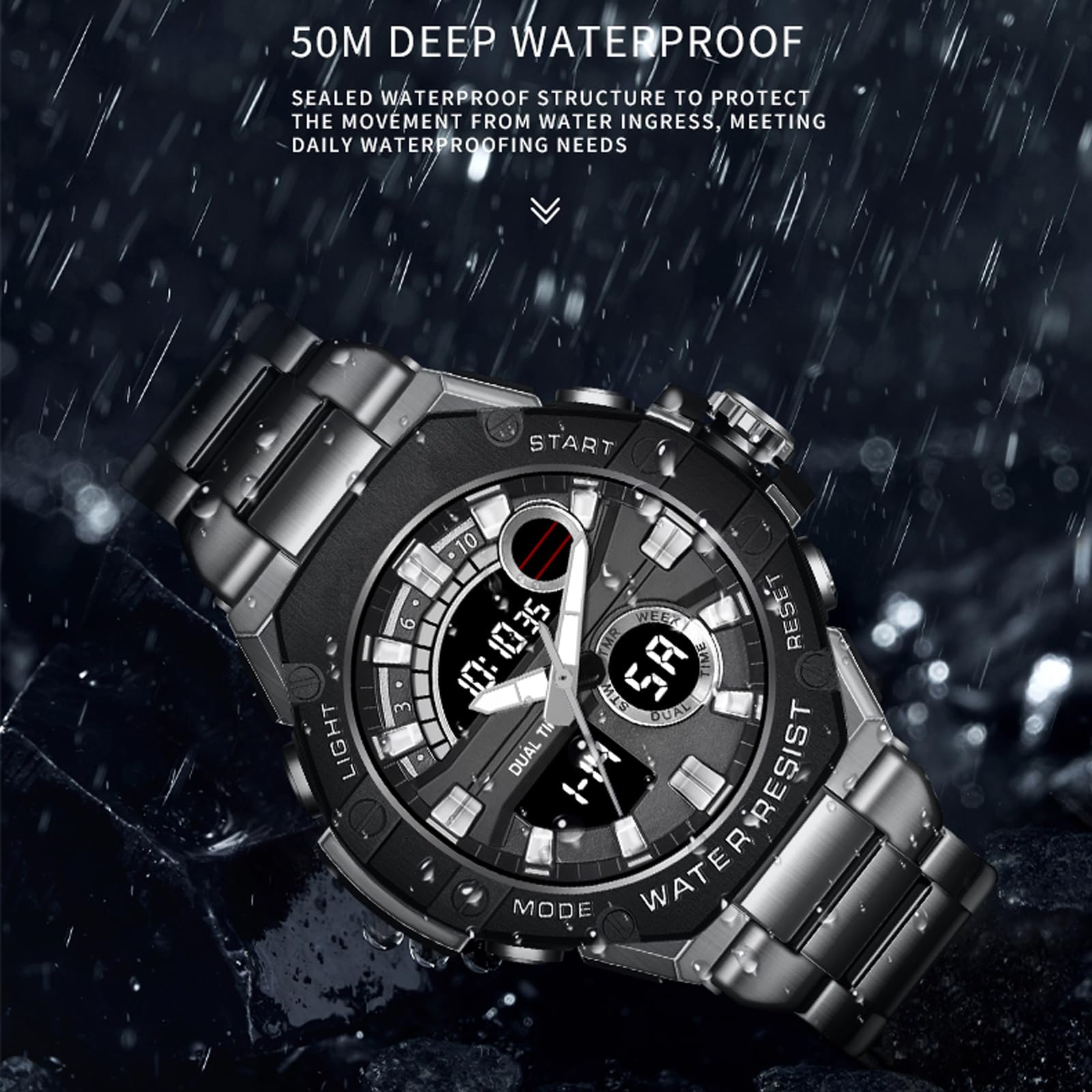 Herrenuhr Silber Edelstahl Digital Uhr Chronograph Herren Armbanduhr Seniorenuhr 5 ATM Wasserdicht Großes Ziffernblatt Militär Leuchtende Klassisch Elegant Elektronisch Analog Quarz Watches for Men