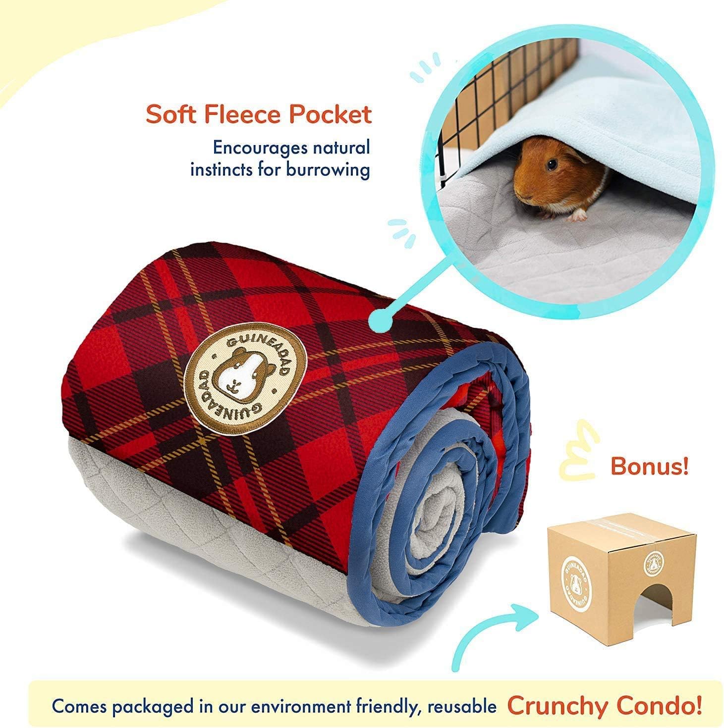 GuineaDad Original Reusable Cage Liner – Plaid Red Fleece Bedding with Burrowing Pocket – Extra Absorbent Core & Waterproof Bottom – Fits C&C 2x4 Guinea Pig Cages – Small Animal Supplies
