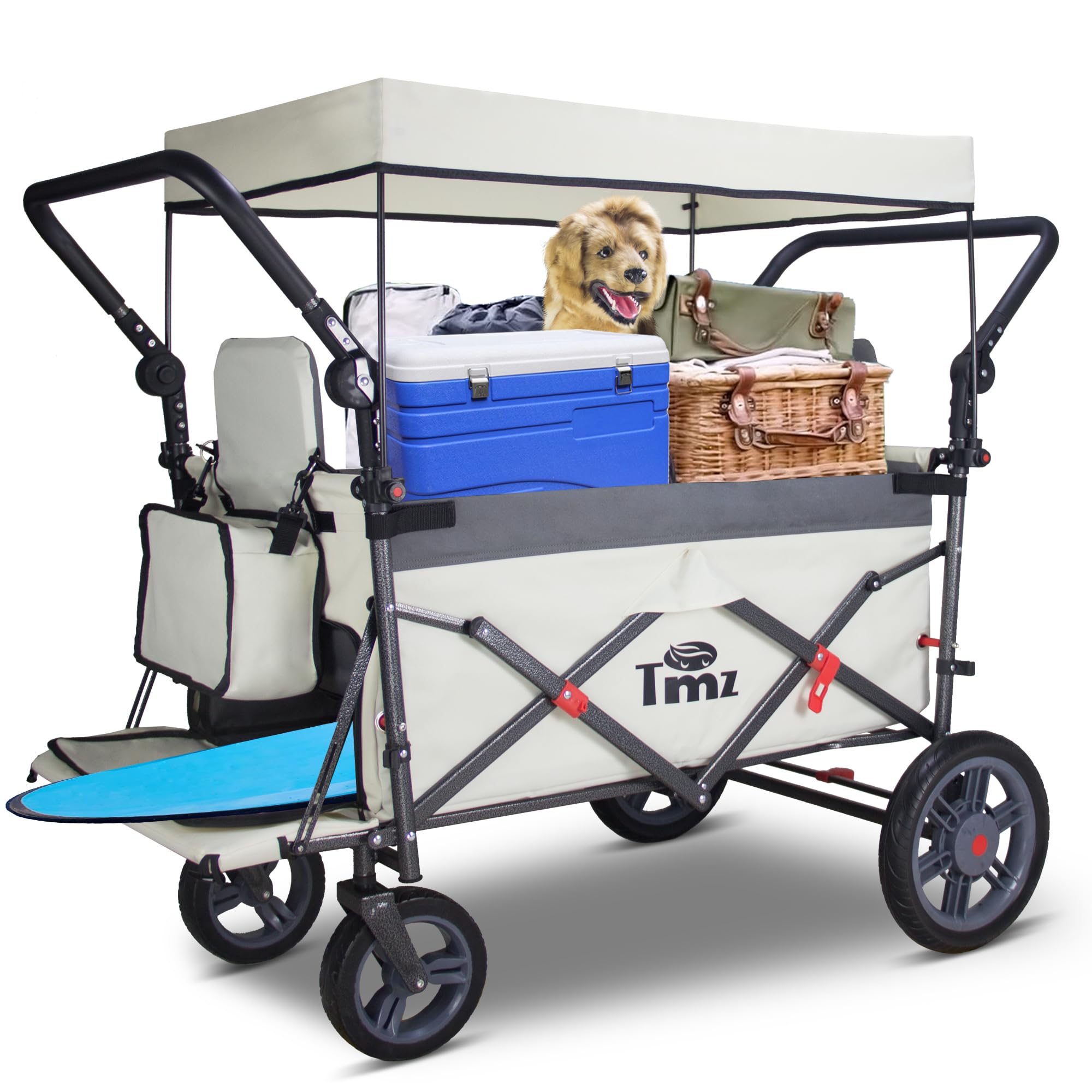 TMZ Bolderkar, opvouwbaar, met dak, handwagen, transportwagen met trekken en duwen, voetrem, draagvermogen 120 kg, voor alle terreinen, camping, strand, winkelen (grijs