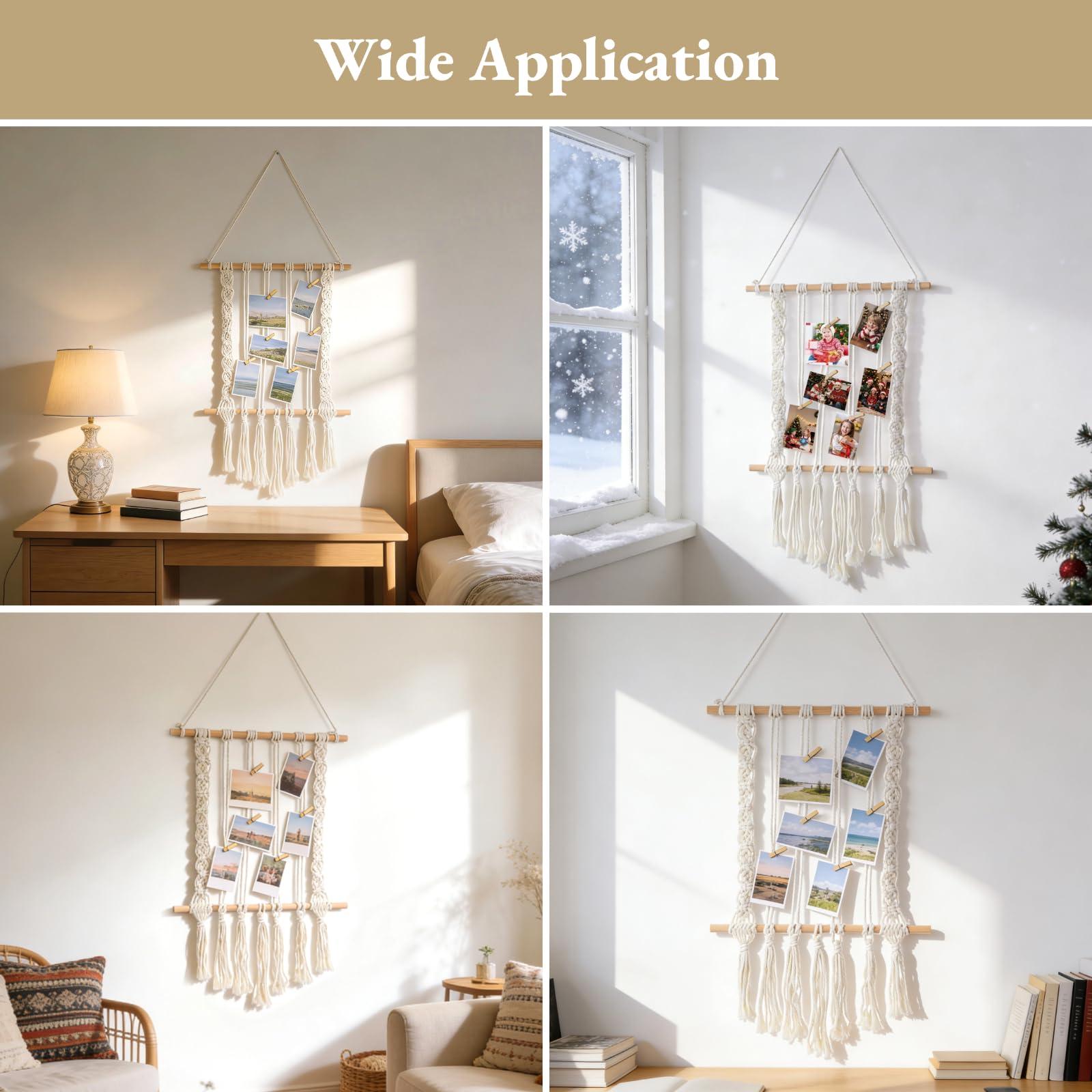 Makramee Fotoaufhänger mit Quasten, handgefertigte Boho Wanddeko, inkl. 30 Holzklammern, Bilderhalter für Zimmer, Schlafzimmer und WG, für Weihnachts- und Geburtstagsgeschenke