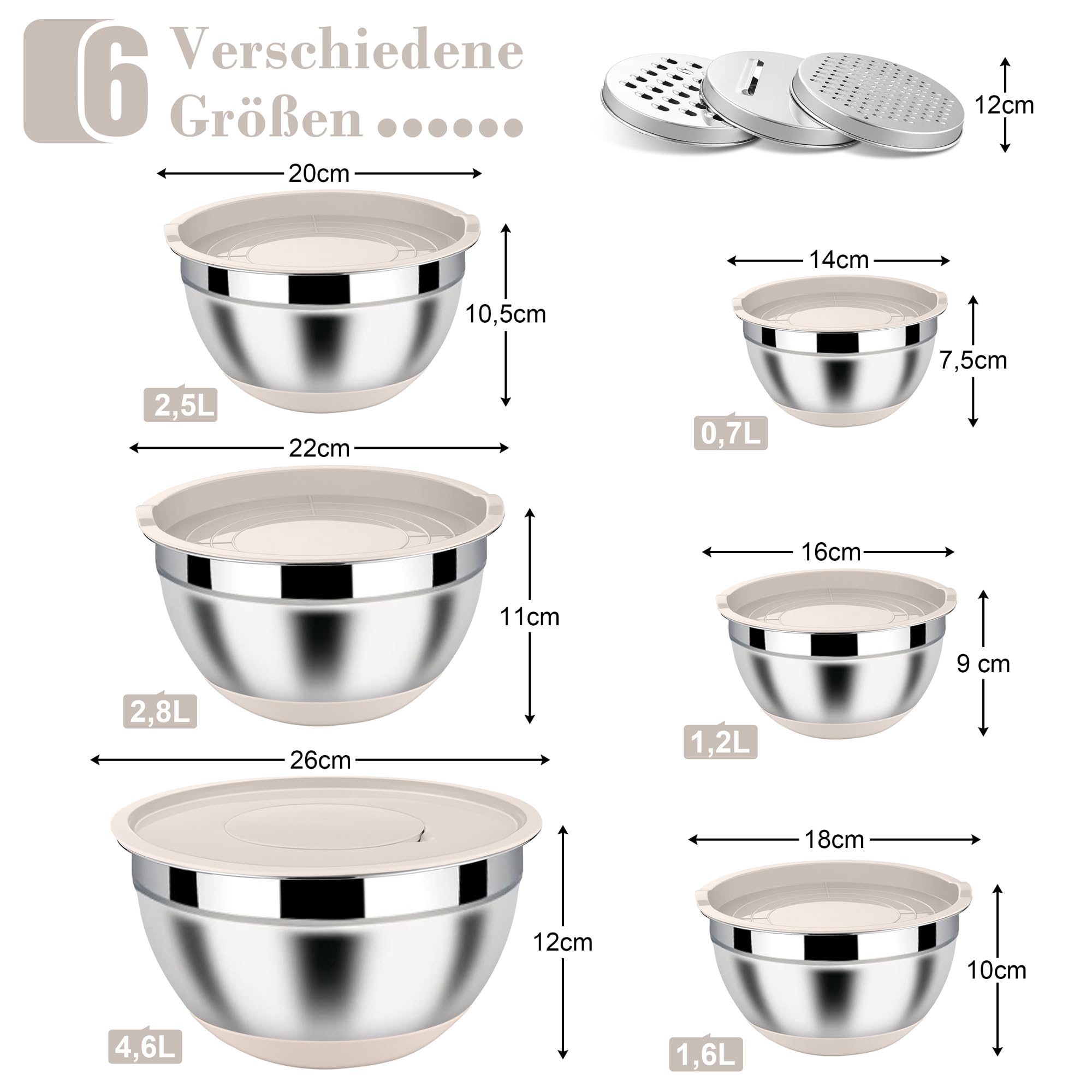 Homikit Lot de 6 saladiers en acier inoxydable avec 3 embouts de râpe, couvercle hermétique et fond en silicone, 4,6 l/2,8 l/2,5 l/1,6 l/1,2 l/0,7 l, empilables, kaki