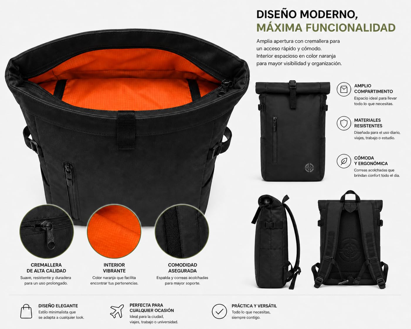 Mochila Enrollable Impermeable Rolltop Expandible 20-25L con Acceso Rápido Portátil, Casual Hombre Mujer, Ligera, Organizadores, Asa Torlley, Correas Acolchadas, Viaje, Trabajo, Universidad, Negra