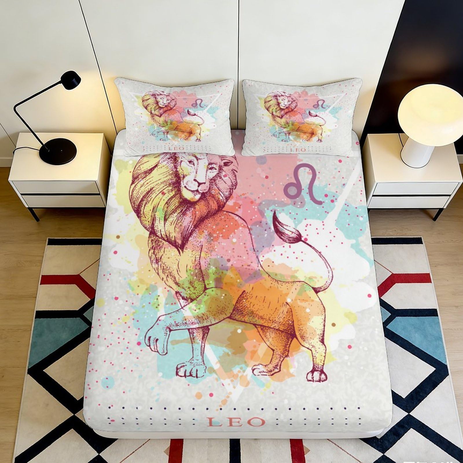 3D Printed Watercolor Lion Zodiac Fitted Sheet Microfiber Soft Mattress Cover for Bedroom Guest Room Decor 90x200x25cm