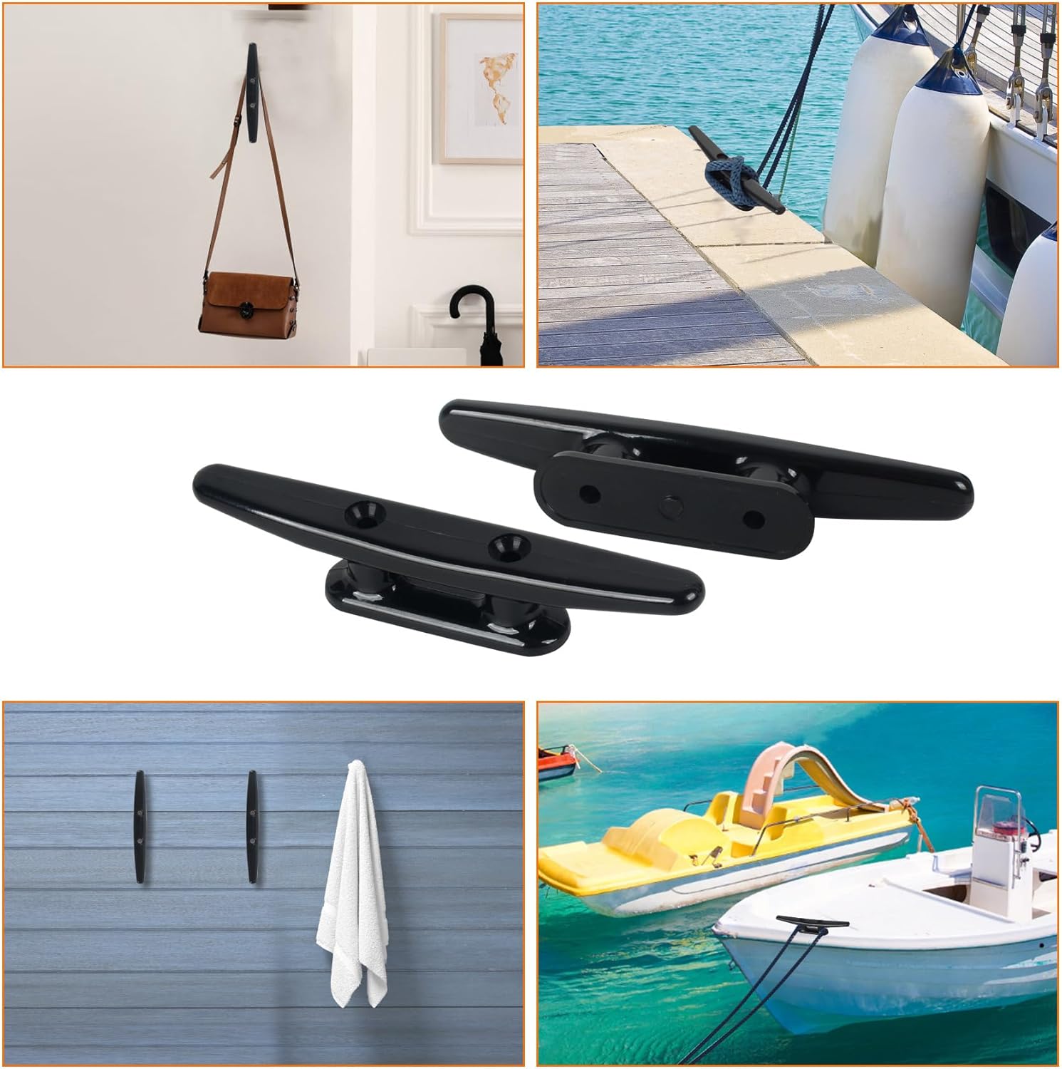 Nylon Boat Cleat, Dock Cleat 4 Inch 5 Inch 6 Inch 8 Inch Black, Boat Dock Cleats with Bolts Ideal for Marine, Deck, Nautical Decor (4 Pack & 6 Pack)