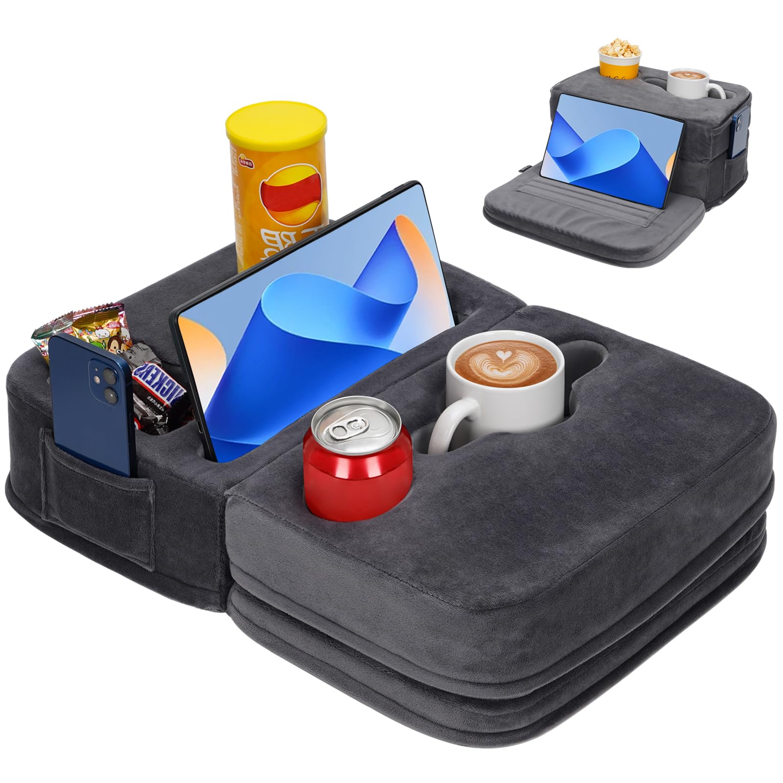 GoCampDirect 2IN1 Couch Cup Holder Pillow - Sofa Cup Holder Pillow with 7 Holes and Side Pocket | Couch Caddy for Cups, Headphones, Snacks and Phones