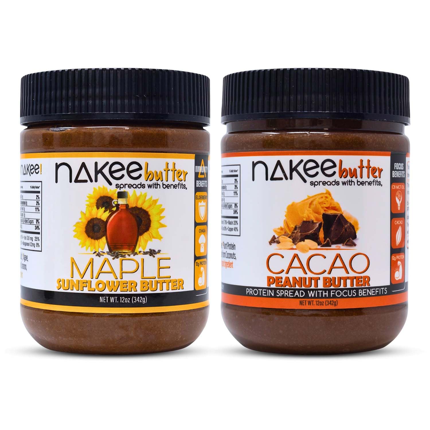 Nakee Butter: High Protein Peanut Butter with Cacao, Keto Peanut Butter, Maple Sunflower Butter, Immune Boosting Vegan Butter
