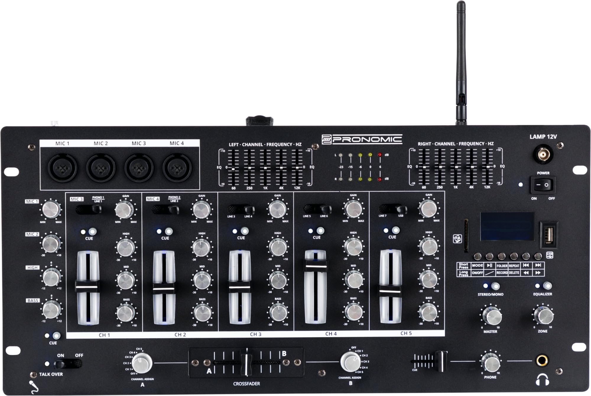 Pronomic DX-165REC MKII DJ-Mixer - Mixeur 5 canaux avec lecteur USB/SD/Bluetooth - Fonction Cue - Fonction enregistrement - 4 entrées micro - Égaliseur graphique