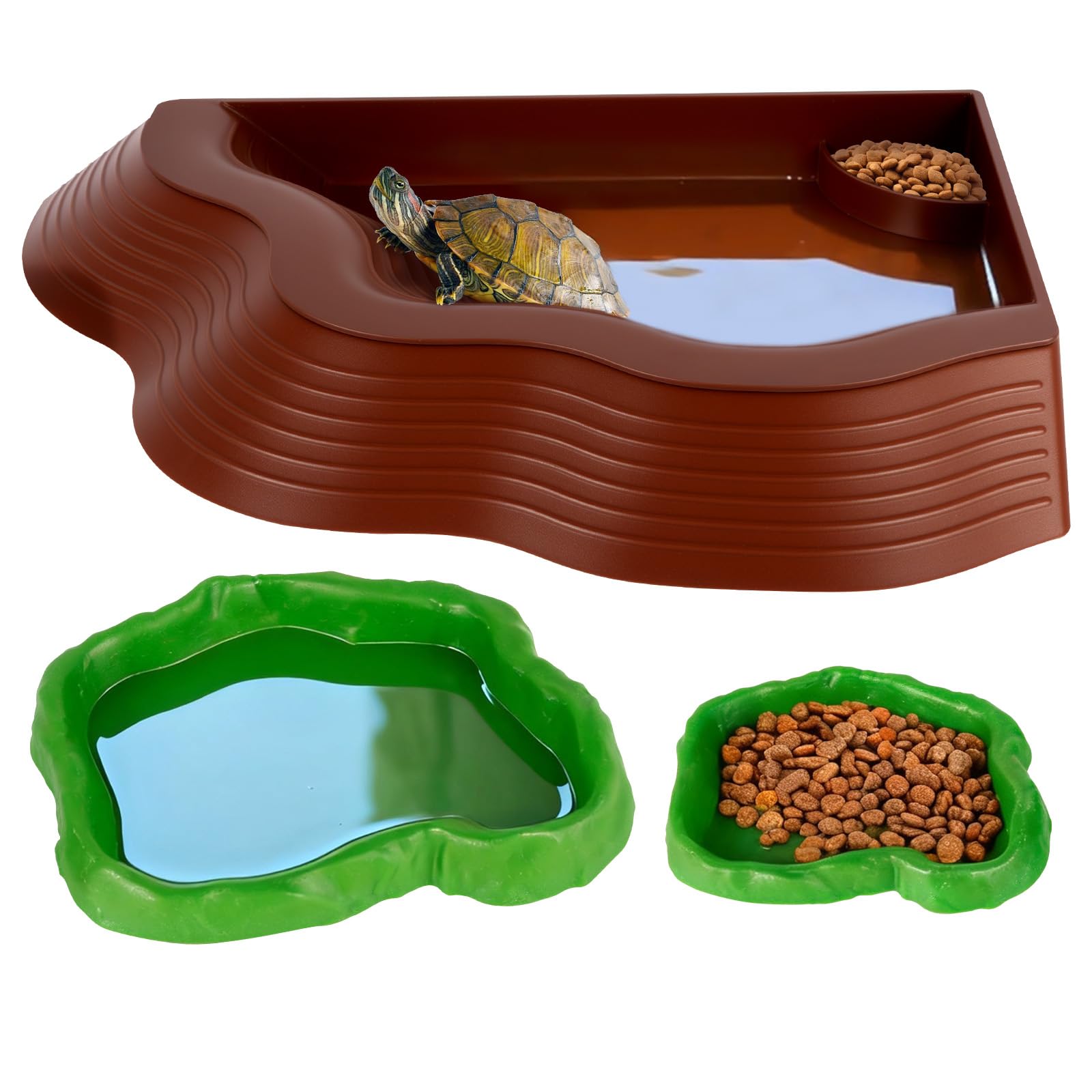 3PCS Tortoise Water Dish,Reptile Bathing Pool With Ramp,Turtle Ramp And Bath,Reptile Food Water Bowl Turtle Soaking Dish Aquarium Habitat Accessories(S)