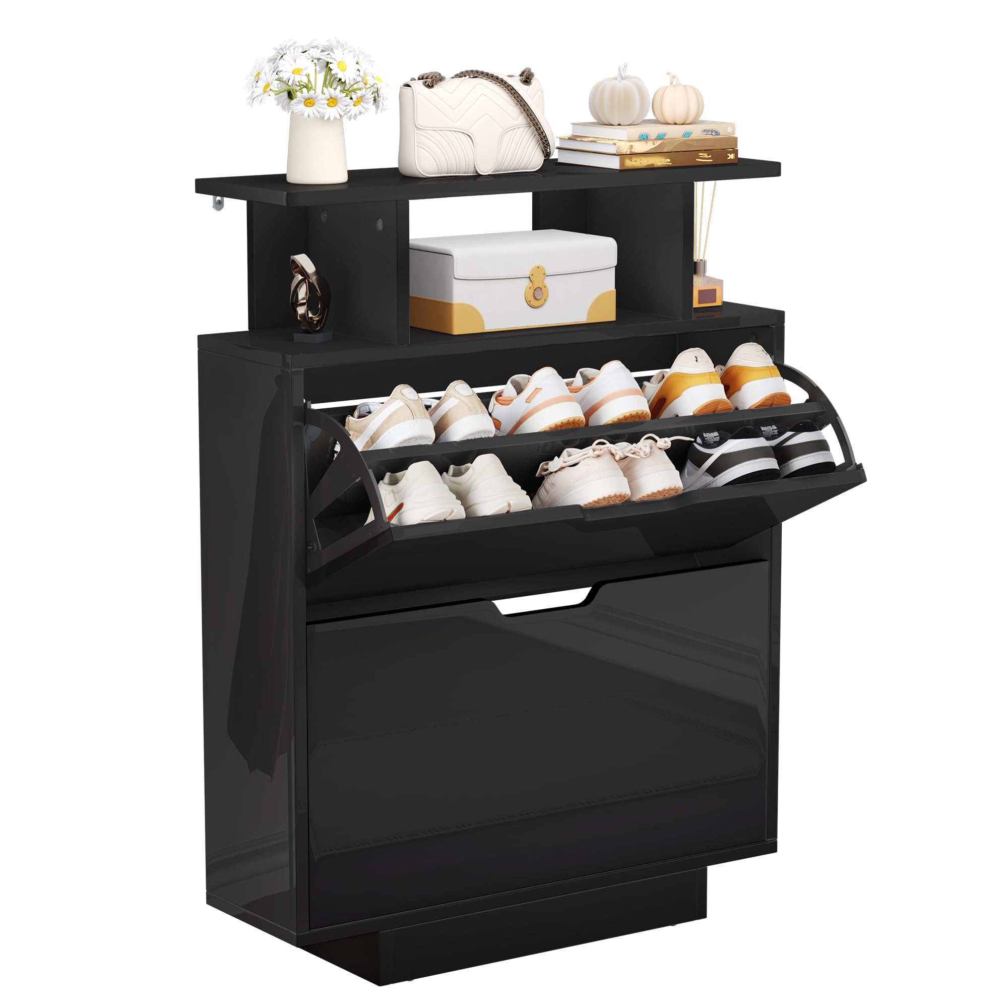 YITAHOME Slim Shoe Cabinet, 2 Flip Drawers, High Gloss, 80x24x106cm, Black