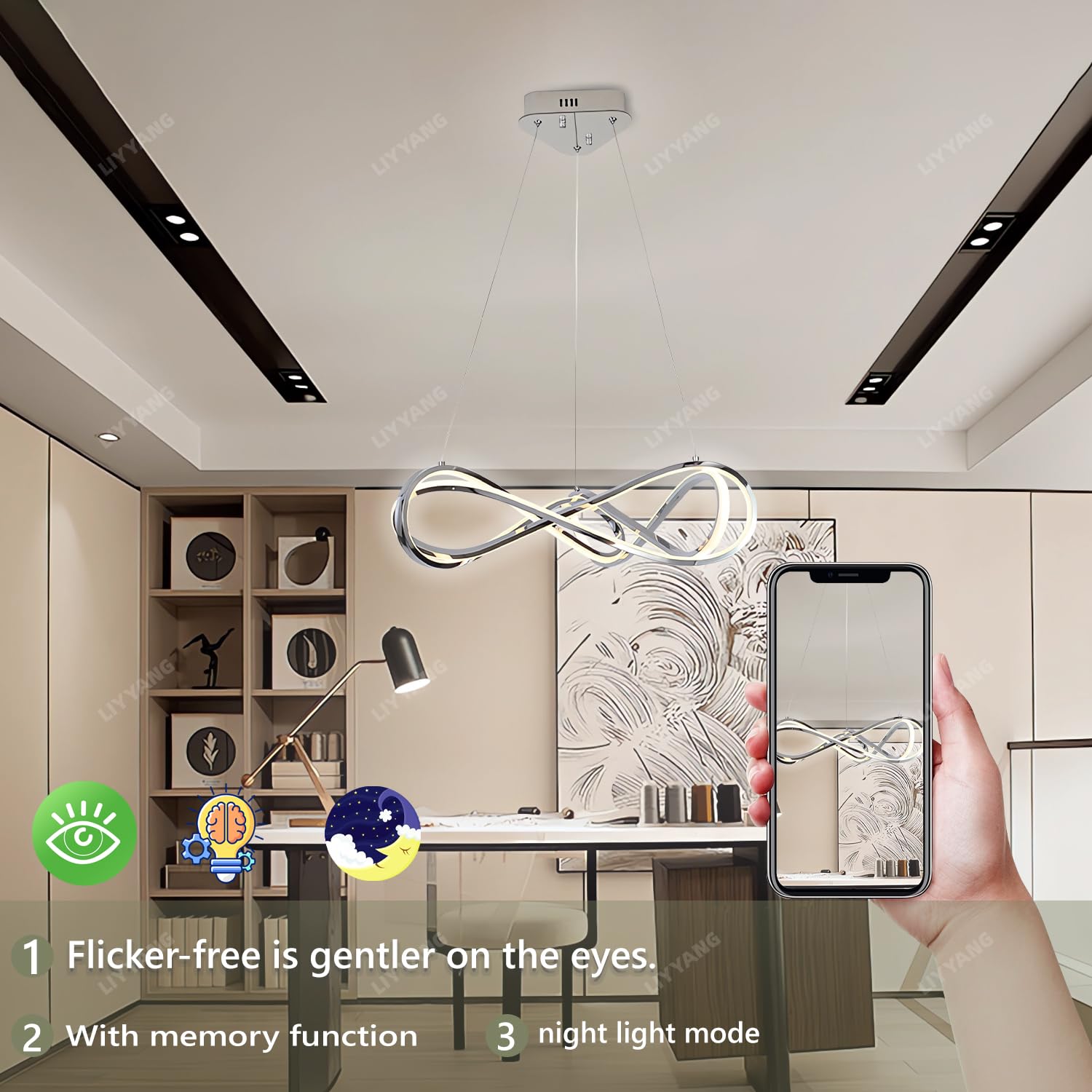 Kronleuchter Esstisch LED Pendelleuchte Esszimmer mit Fernbedienung Dimmbar Moderne Hängeleuchte Esszimmerlampe hängend Höhenverstellbar Esstischlampe Bürolampe Schreibtischlampe (Chrom, Φ55cm 55W)