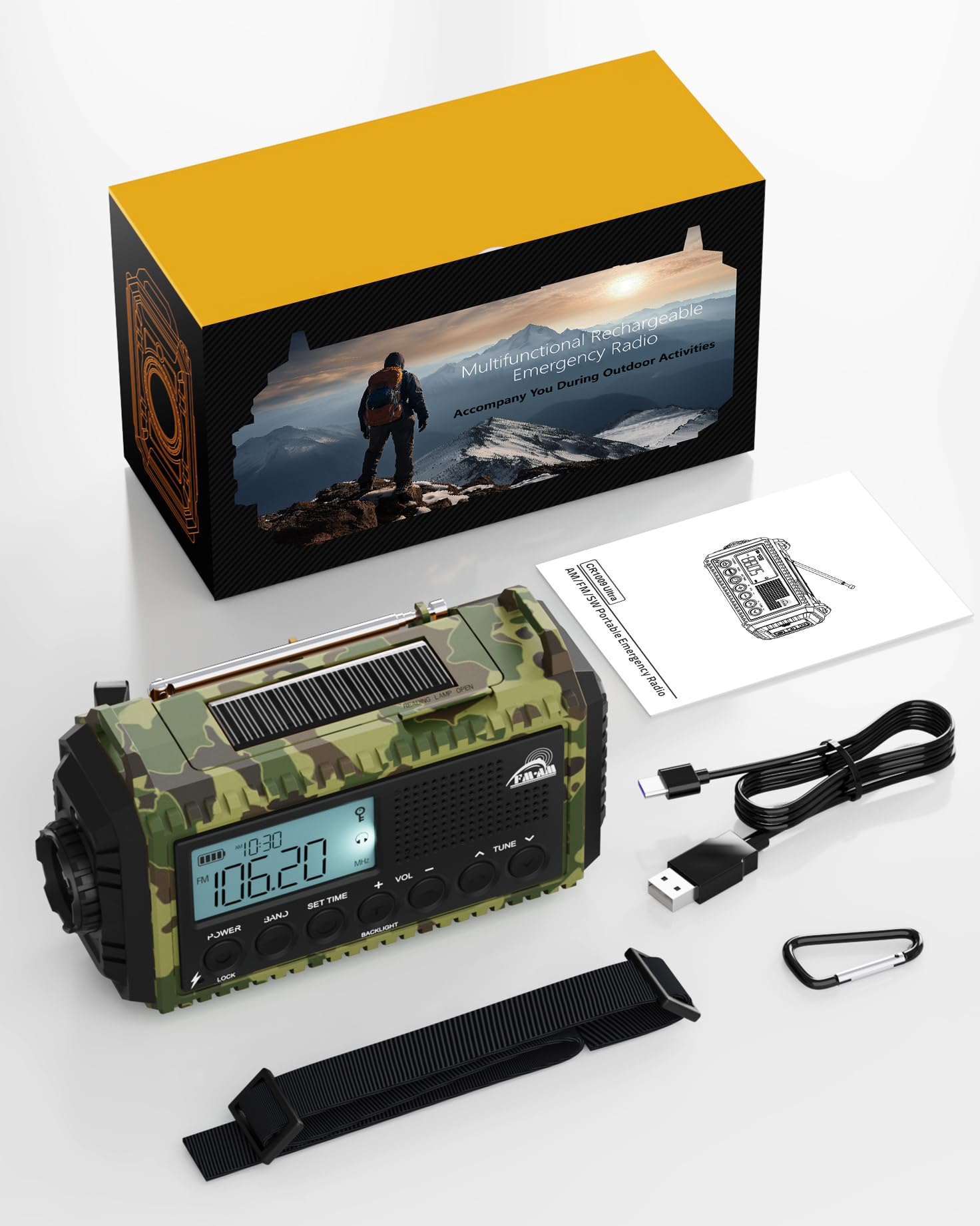 AM/FM/SW - Radio de manivela para obras, radio de emergencia, radio solar portátil, linterna y luz de lectura, pantalla LCD, USB, alarma SOS, manivela de mano, equipo de emergencia para ourdoor,