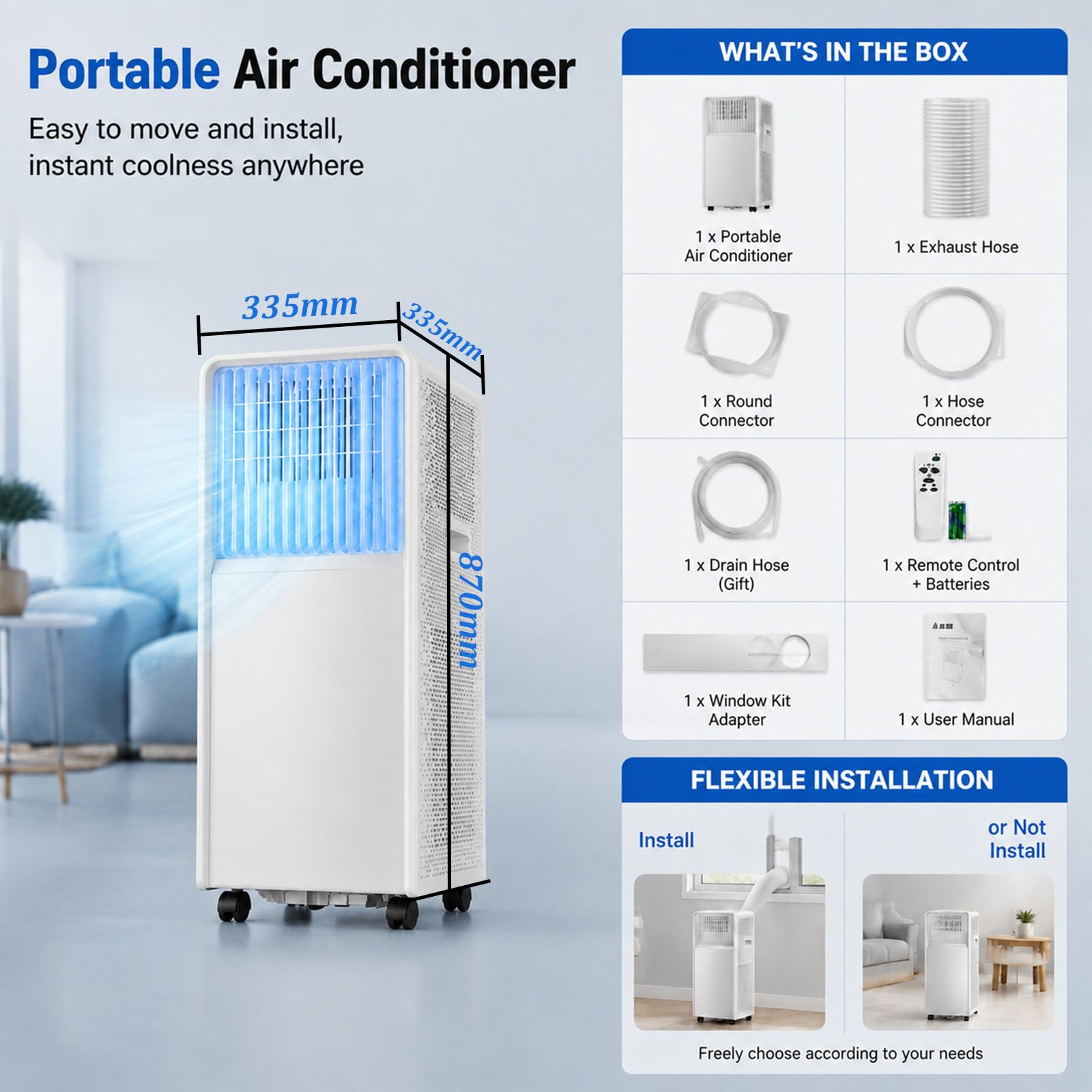 Billg Condizionatore Portatile Senza Tubo, Condizionatore Portatile 12000 Btu per Ambienti Fino a 30 M³, Raffreddamento e Deumidificazione – modalità Sonno e Timer