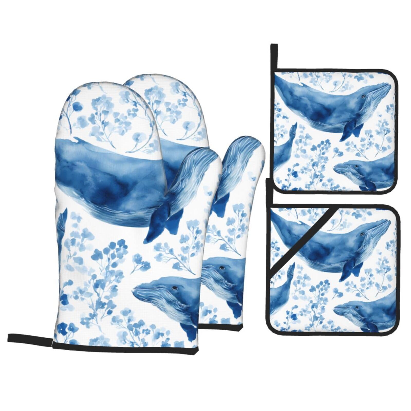 HJFCZH Watercolor Whale Art Picture Kitchen Baking Set of 4 Thick Insulated Oven Mitt & Pot Holders, Anti-Scalding for Microwave, Oven, Outdoor BBQ
