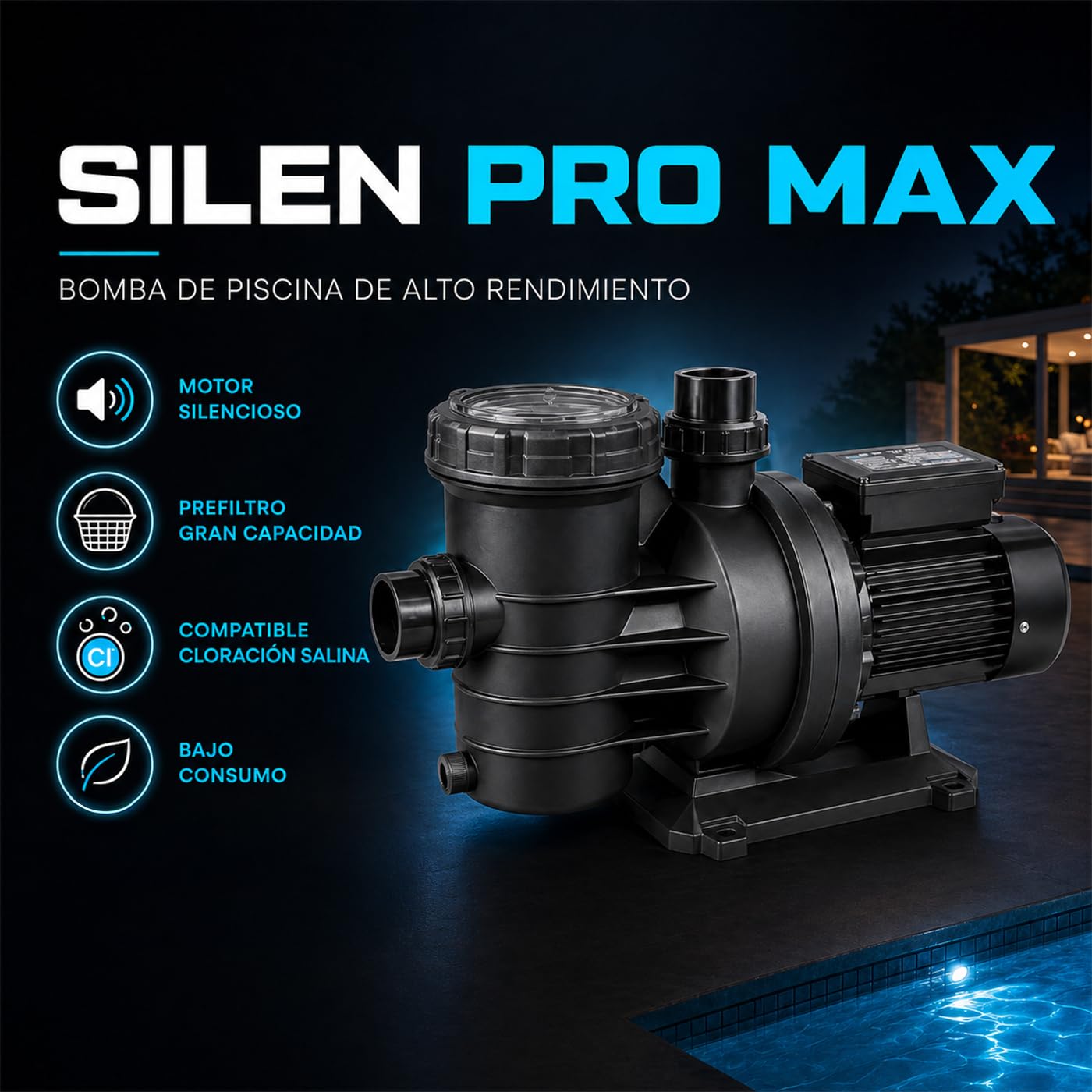 Nix Pool Bomba para Piscina Pro Max 100M Filtración 23400 L/h, Motor de Alta Potencia, Prefiltro de Gran Capacidad, Compatible con Espa Silen antigua y Espa Nox, Bomba de Piscina 1100 W