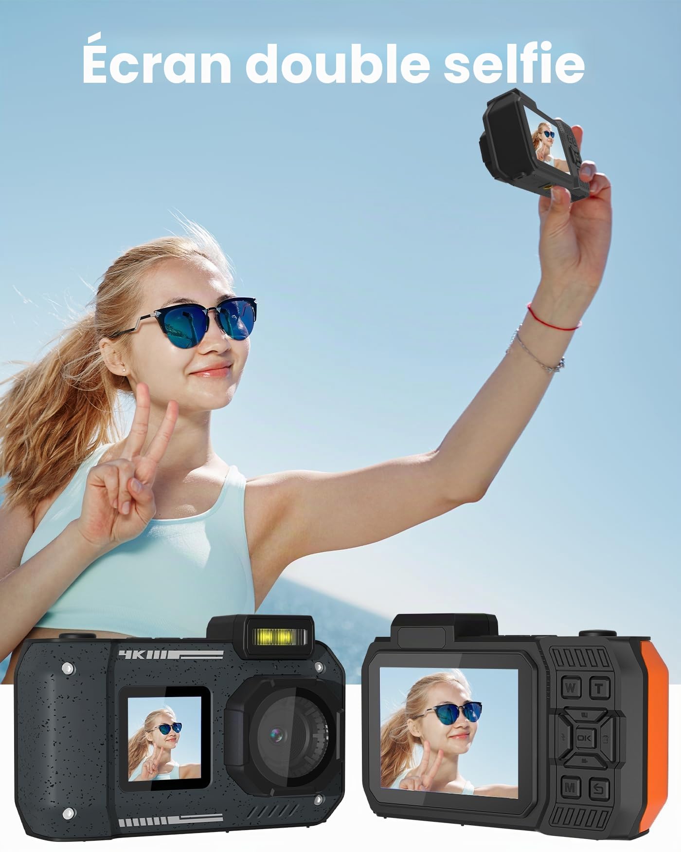 Caméra sous-marine 4 K 65 MP étanche avec carte de 64 Go autofocus selfie double écran appareil photo numérique étanche compact flottant (orange)