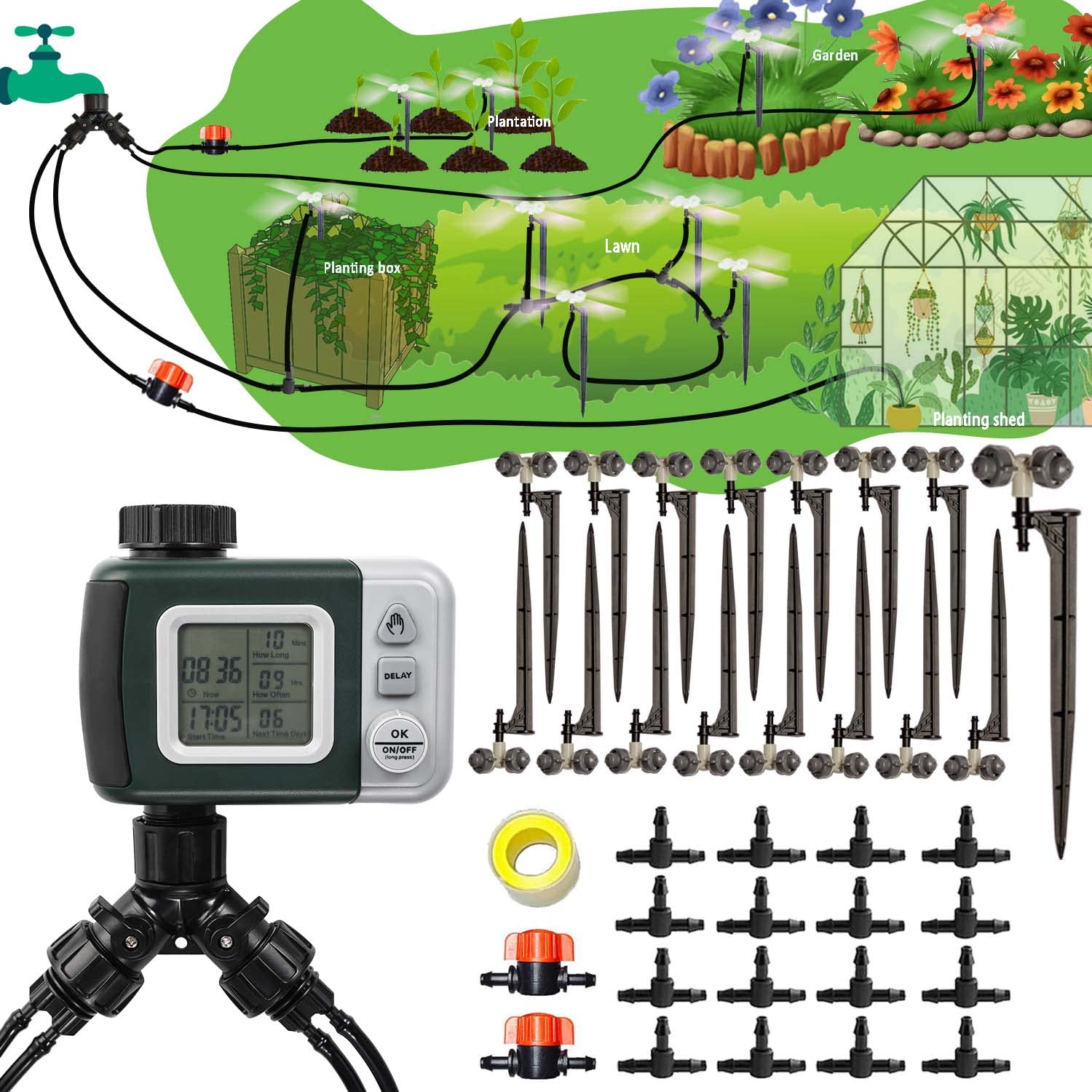 Snapklik.com : Auto Drip Irrigation Kit 65.5FT, 1/4 Tubing And 16 Spray ...
