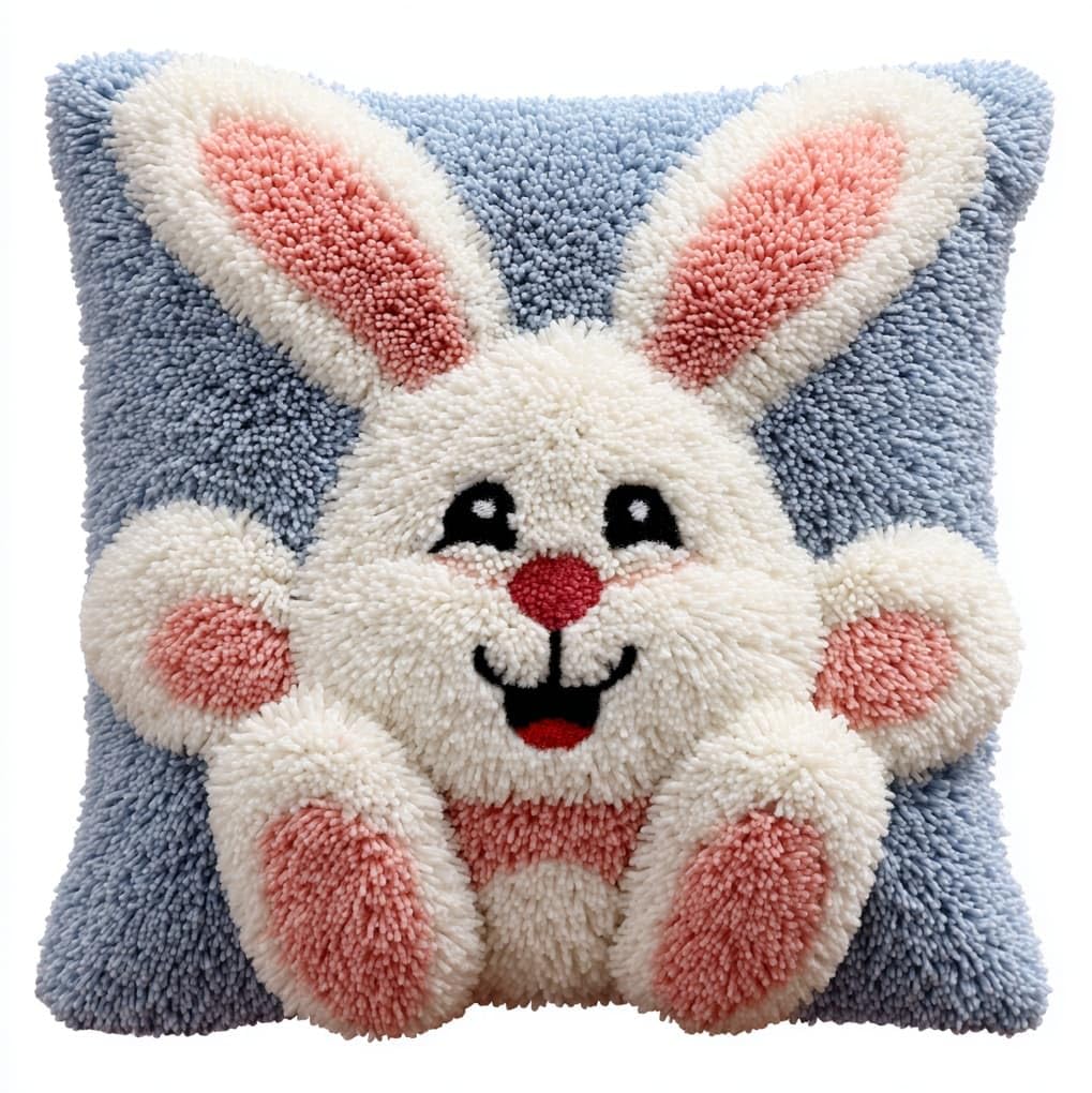 WallustrioaW Latch Hook Cushion Kits for Adults,Cute Cartoon Rabbit,Latch Hook Pillow Case Kits Handmade Kids Parents Gift,17x17in