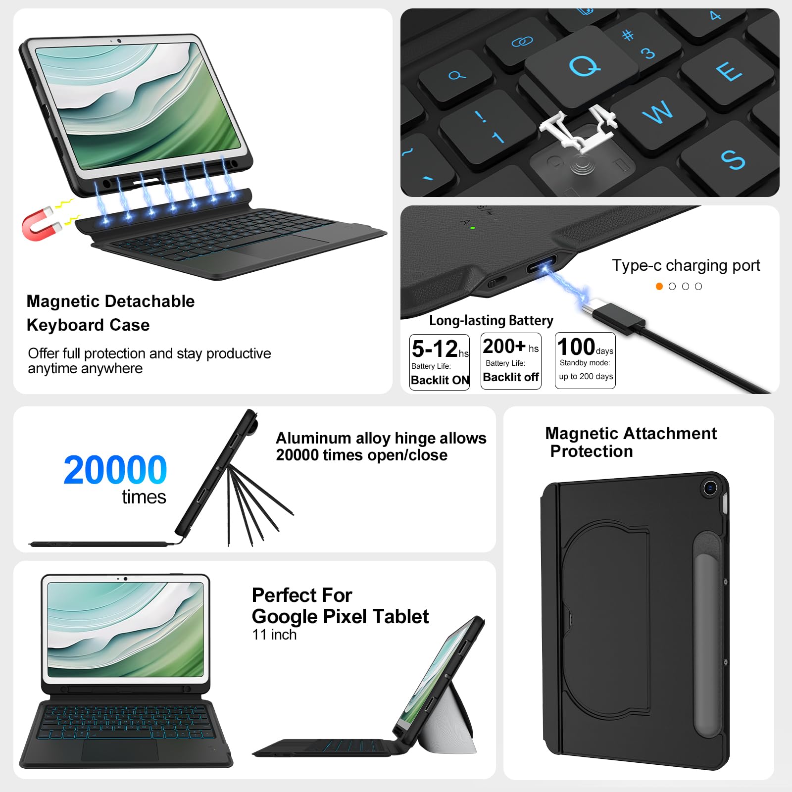 for Google Pixel Tablet 11-inch (2023) Keyboard Case, Detachable Magnetic Stand, Rechargeable Backlit Keyboard with Palm Rejection Touchpad, Protective Cover Compatible with Speaker Dock