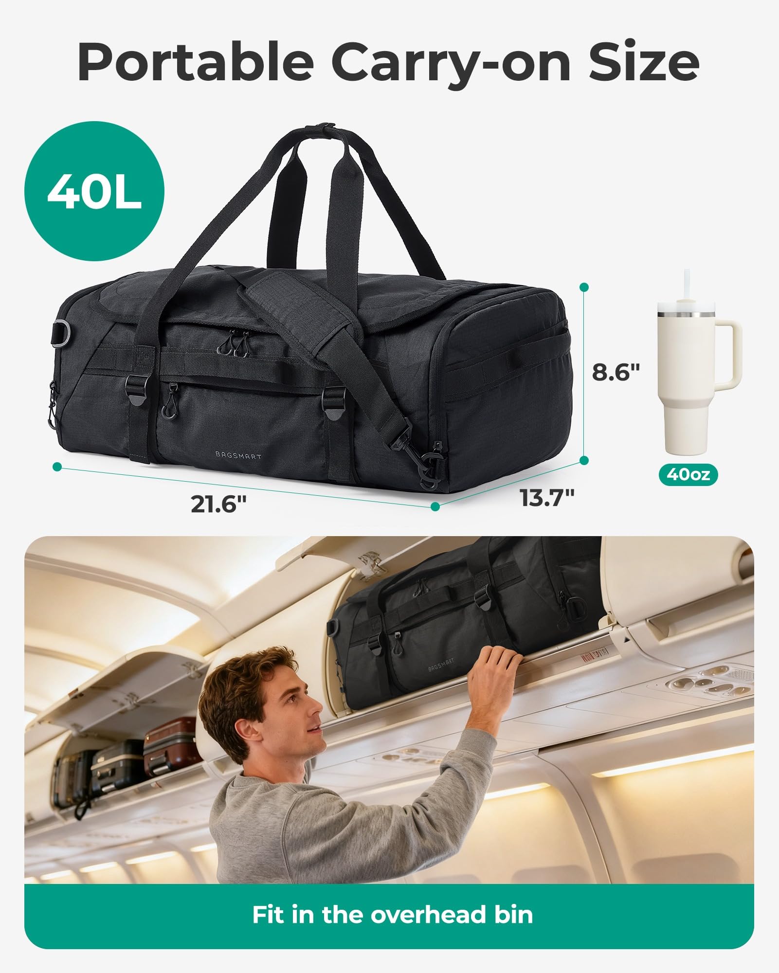 BAGSMART Bolsa de viaje de 42 l, compacta bolsa de deporte para hombre y mujer, bolsa de tela resistente para viajes, fitness y negocios, bolsa de equipaje de mano, Negro , 55 x 35 x 22 cm, Clásico