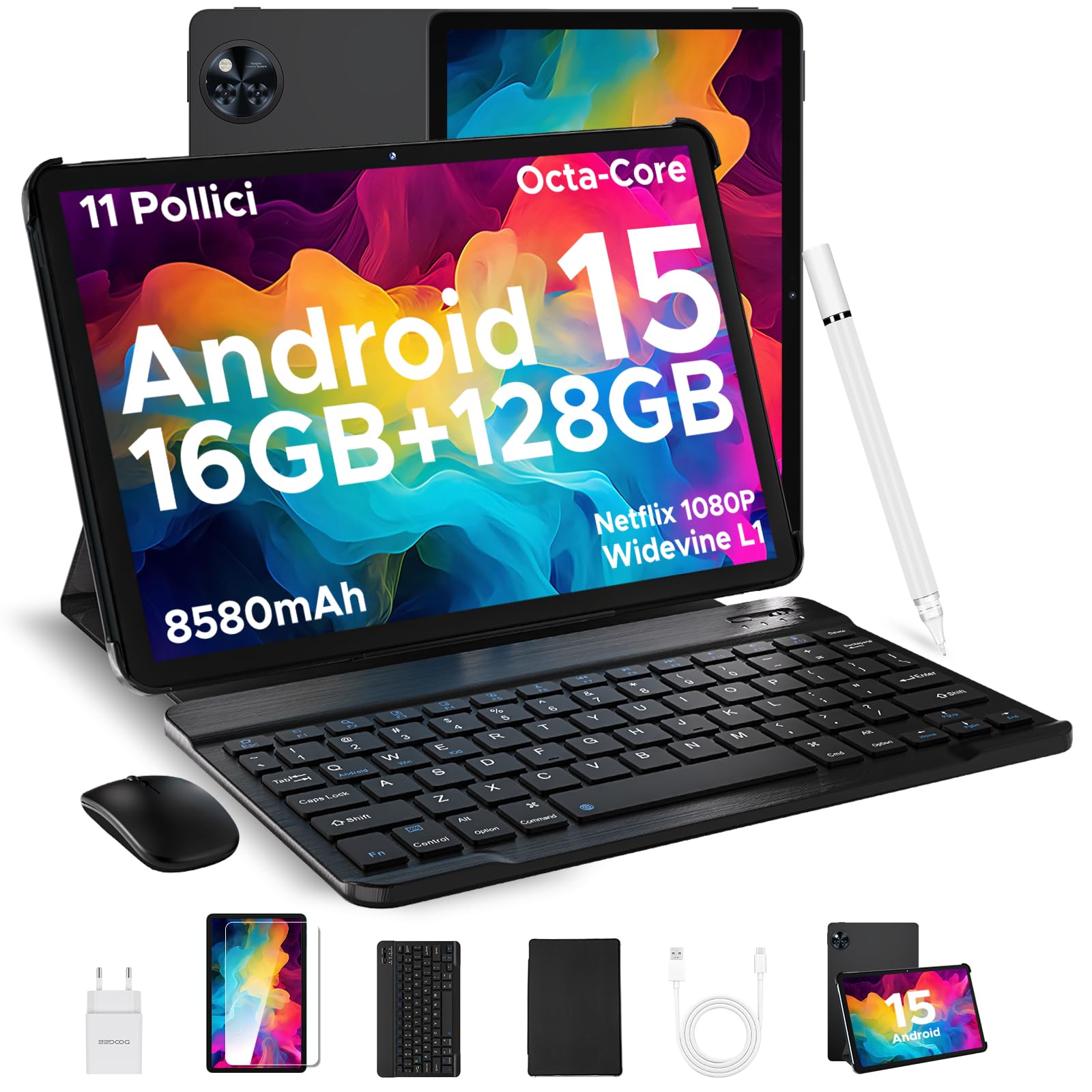 DOOGEE U11 2025 Newest Tablet 11'' Android 15 16(4+12) GB+128GB/2TB TF Octa-Core, 90Hz, 8580mAh Android Tablet, Tablet in Offerta WiFi, 13MP Tablet, Tablet con Tastiera& Mouse& Penna& Case- Nero