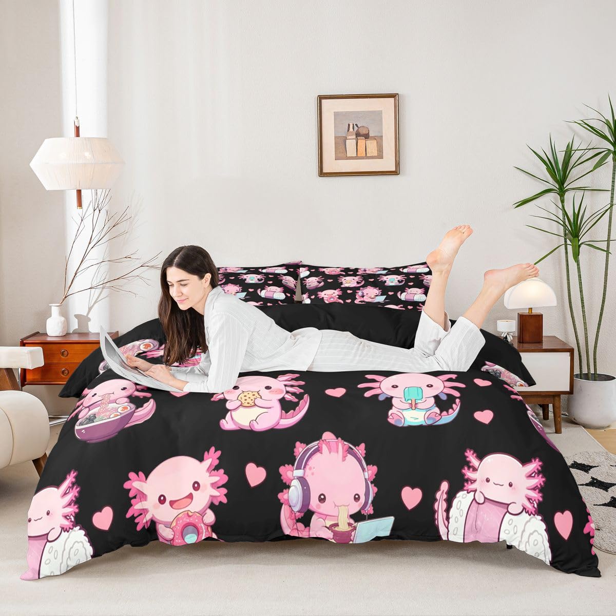 Homewish Homwish czarny różowy Axolotl super king poszewka na kołdrę kreskówka Axolotl zestaw pościeli salamandra ocean morze poszewka na kołdrę miłość serce zestawy pościeli