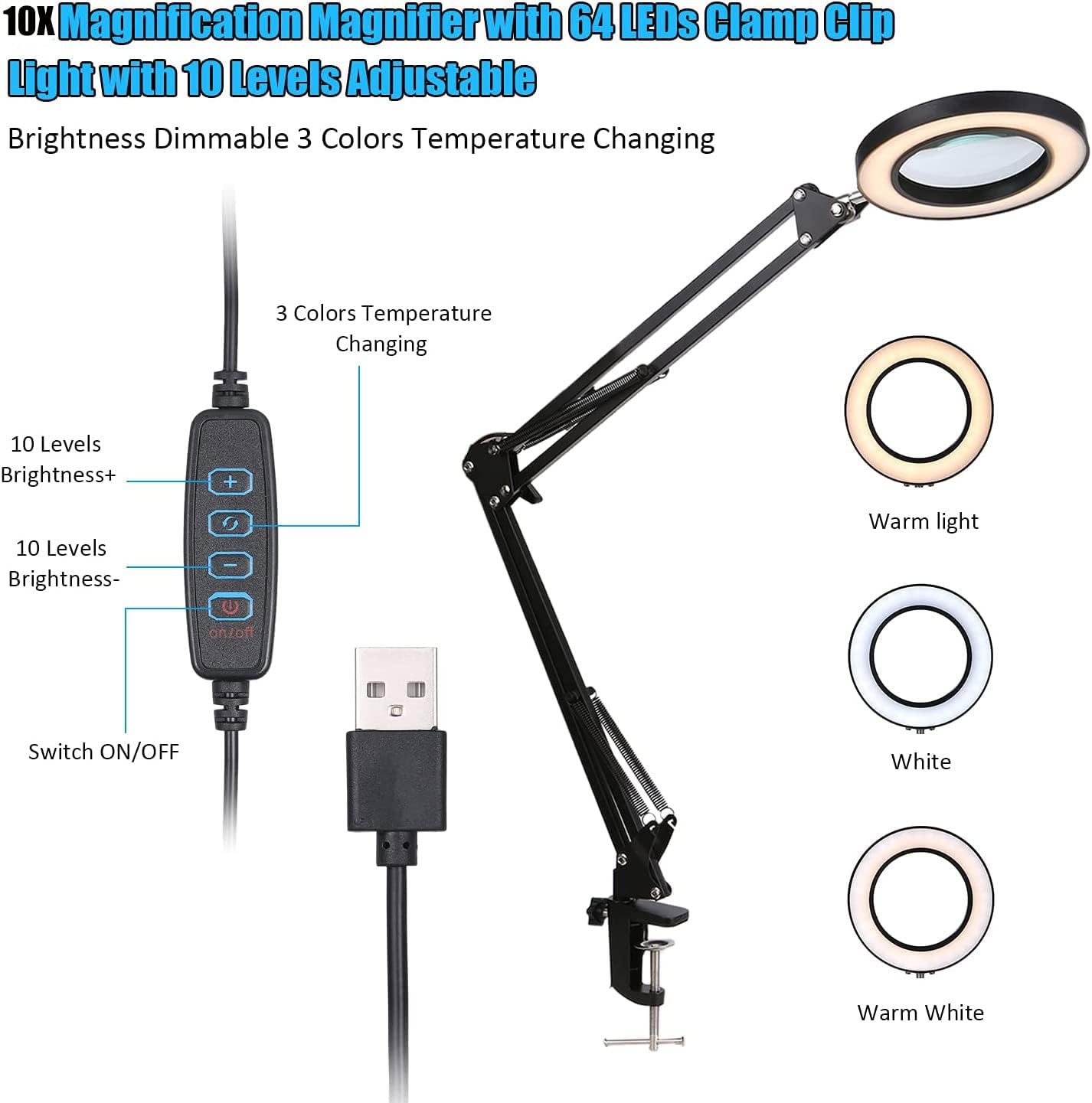 Magnifying Glass Desk Lamp,10X Glass Lens,64 LED Lights,3 Dimming Modes,USB Power Supply,Professional Handsfree Magnifier Lamp with Clamp,for Repair,Crafts,Reading,Hobbies,Close Work