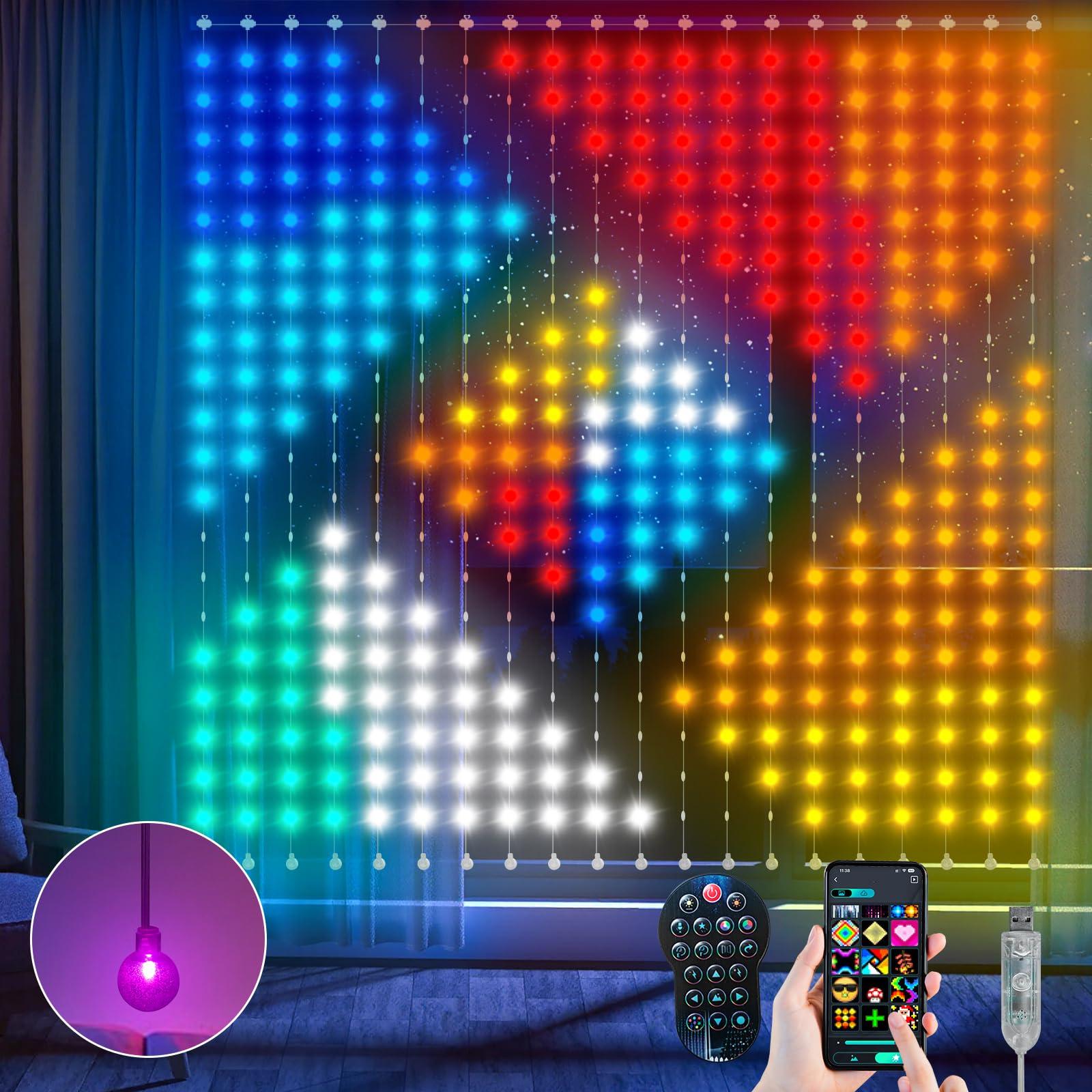 Ciskotu® Cortina de Luces, 86+ Modo RGBIC Inteligente Curtain Lights, DIY Modelo Dinámico con 400 LEDs, IP65 Impermeable Cortina Luces Led para Navidad (2 x 2M)