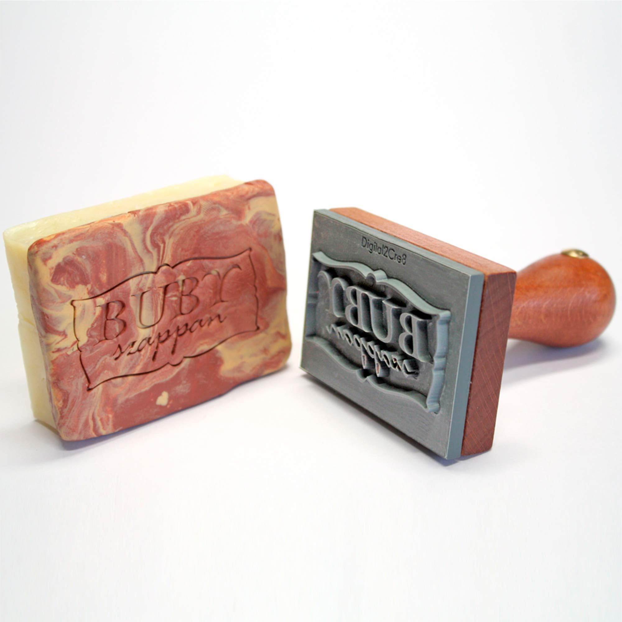 Personalized soap Stamp to Imprint Custom Logo or Graphic. Crisp and Clear, Sharp Edges, Durable Hardwood Handle.