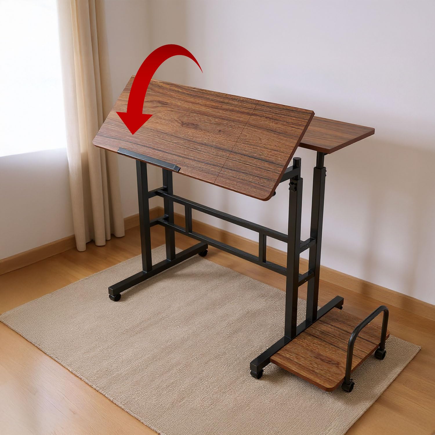 Scrivania mobile regolabile Maclean MC-124 con ruote, piano inclinabile 80x60 cm, altezza regolabile 67-115 cm, capacità di 50 kg, vassoio laterale dal design ergonomico, casa, ufficio, studio (Nero)