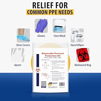 MFASCO Disposable PPE Kit with Apron & Visor - Complete Protection - Mask, Visor, Apron, Gloves, Shoe Covers - USA Assembled - Vomit, Blood, Urine & Feces Protection