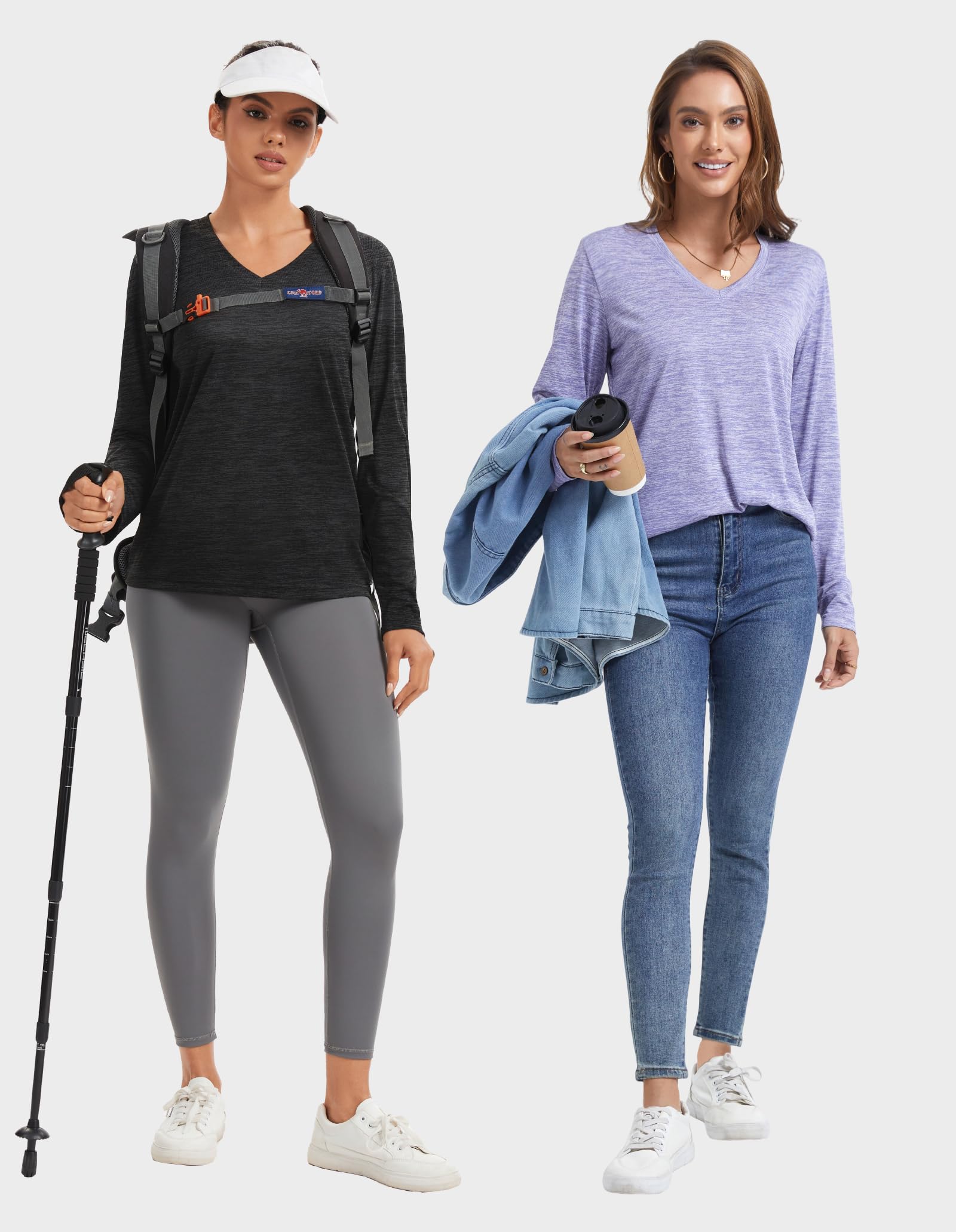 Camisetas de manga larga que absorben la humedad para mujer, de secado rápido, atléticas, para correr, camisetas de entrenamiento con cuello en V, Paquete de 6 negro, gris, sandía, morado, verde,