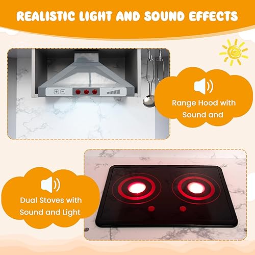 Miniatura 5 de INFANS Juego de cocina esquinera para niños, juego de cocina de madera para niños pequeños con circulación de agua, estufa de sonido de luz