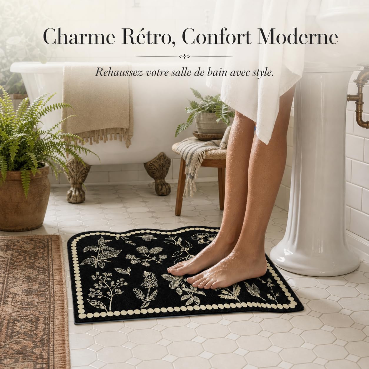 Tapis Bain Diatomée Rétro Floral, Rose Berlin Ovale, 80x120cm