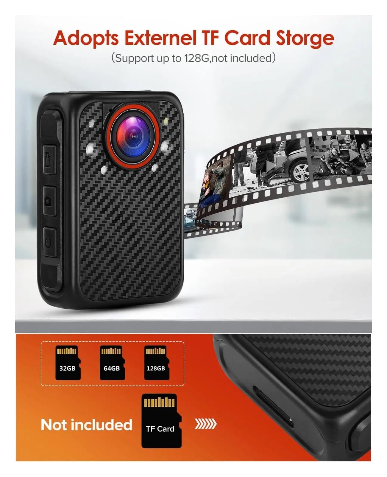 Kamera nasobna, X1 Mini kamera korpusowa Full 1080p przenośna kamera korpusowa karta SD do 128 GB noktowizor funkcja czerwonego/niebieskiego światła mała kamera(Only Camera)
