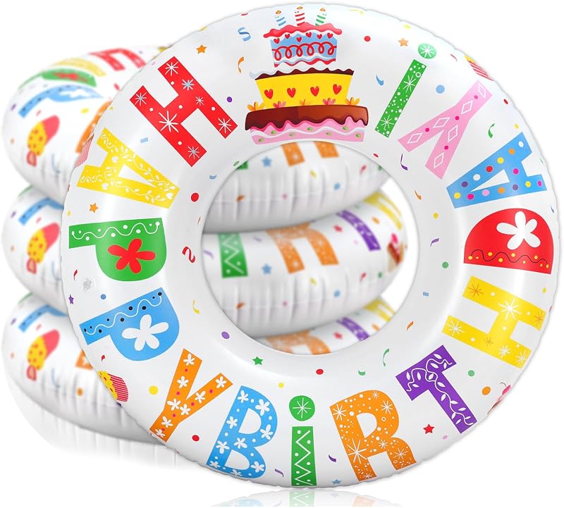 Whaline 3Pcs Happy Birthday Inflatable Pool Floats Swim Rings Colorful Words Birthday Cake Swimming Pool Tubes for Adults Teens Summer Beach Bachelorette Party, 30 x 14 Inch