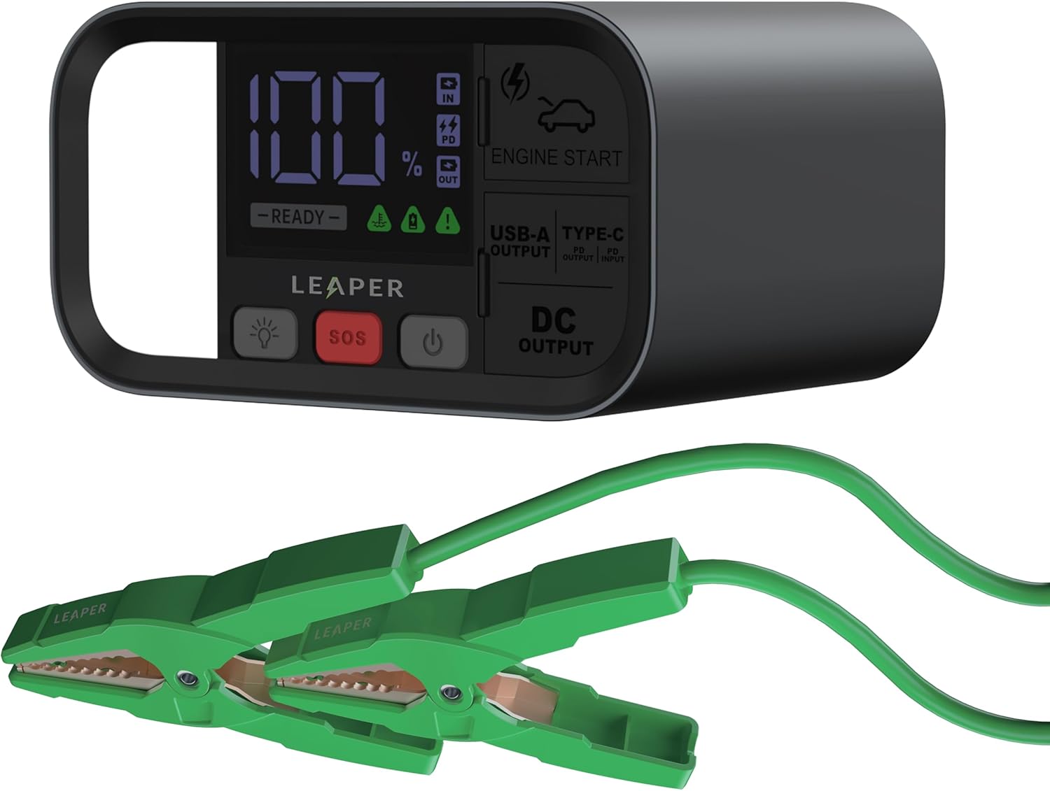 Leaper 12V Jump Starter, Black Aluminum Casing, 2000A Peak Current, 20000mAh Capacity, 3'' Digital Screen, Non-Polarized Green Clamps. Protective Carrying Case and a UL PD65W Premium Charger
