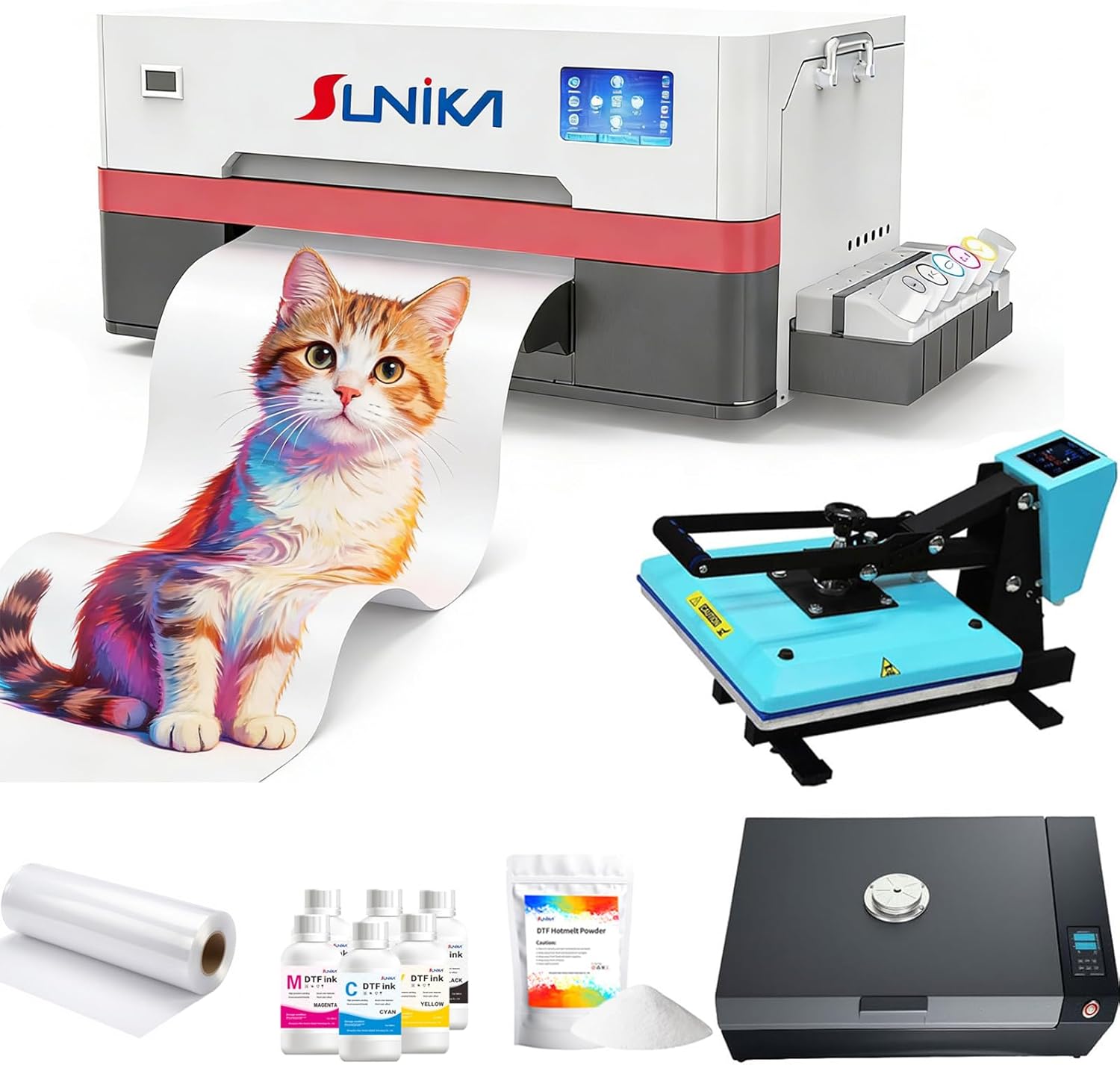 DTF Printer XP600 with White Ink Mixing System and Roll Feeder DTF Transfer Printer Machine Super Fast Speed Direct to Film Printer for T-Shirts Hoodies Textiles (Printer + Heat Press + Oven)