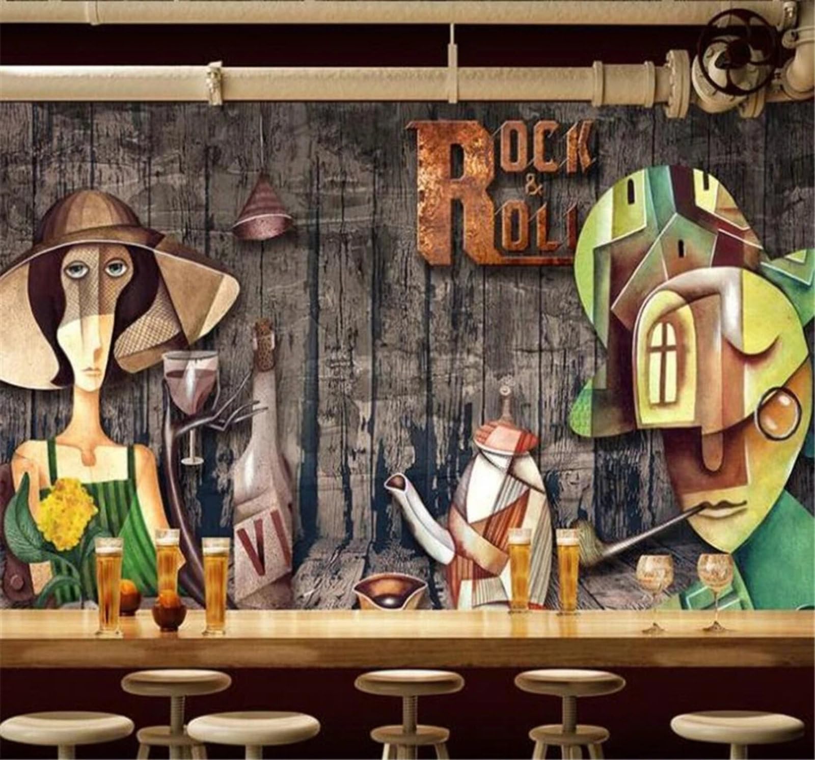 Xlming 430Cm×300Cm(B×H) Retro Wood Grain Abstract People Coffee Shop 3D Wallpaper Luxury Home Dining Decor Paste Sofa Living Room The Wall For Bedroom Mural-430Cm×300Cm