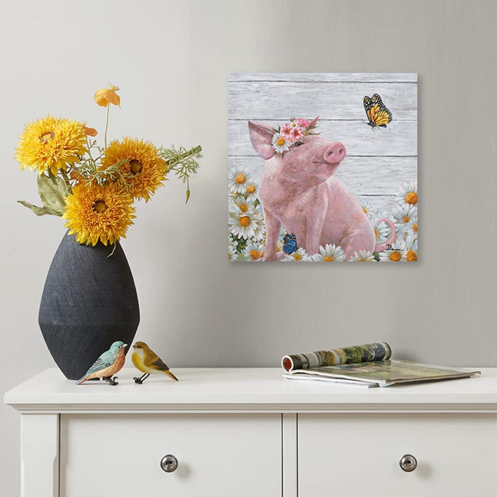 4 Stampe Su Tela Quadro Maialino Con Farfalla Rosa - 20x25 Cm Senza Cornice, Decorazione Parete Cameretta