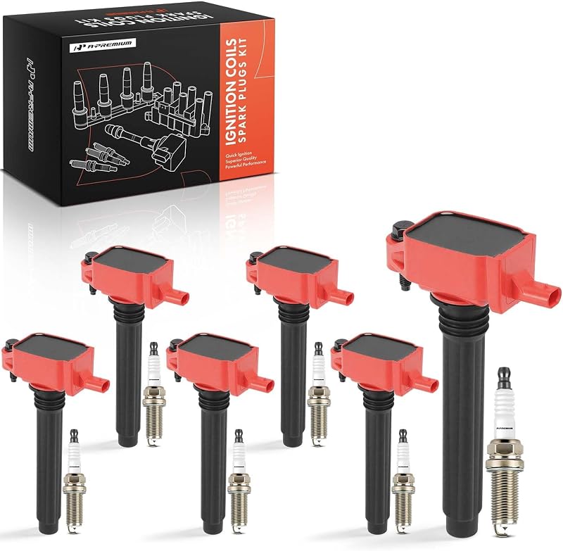 Kit de 6 bobinas de ignição vermelhas A-Premium com velas de irídio para motores V6 – 6 unidades