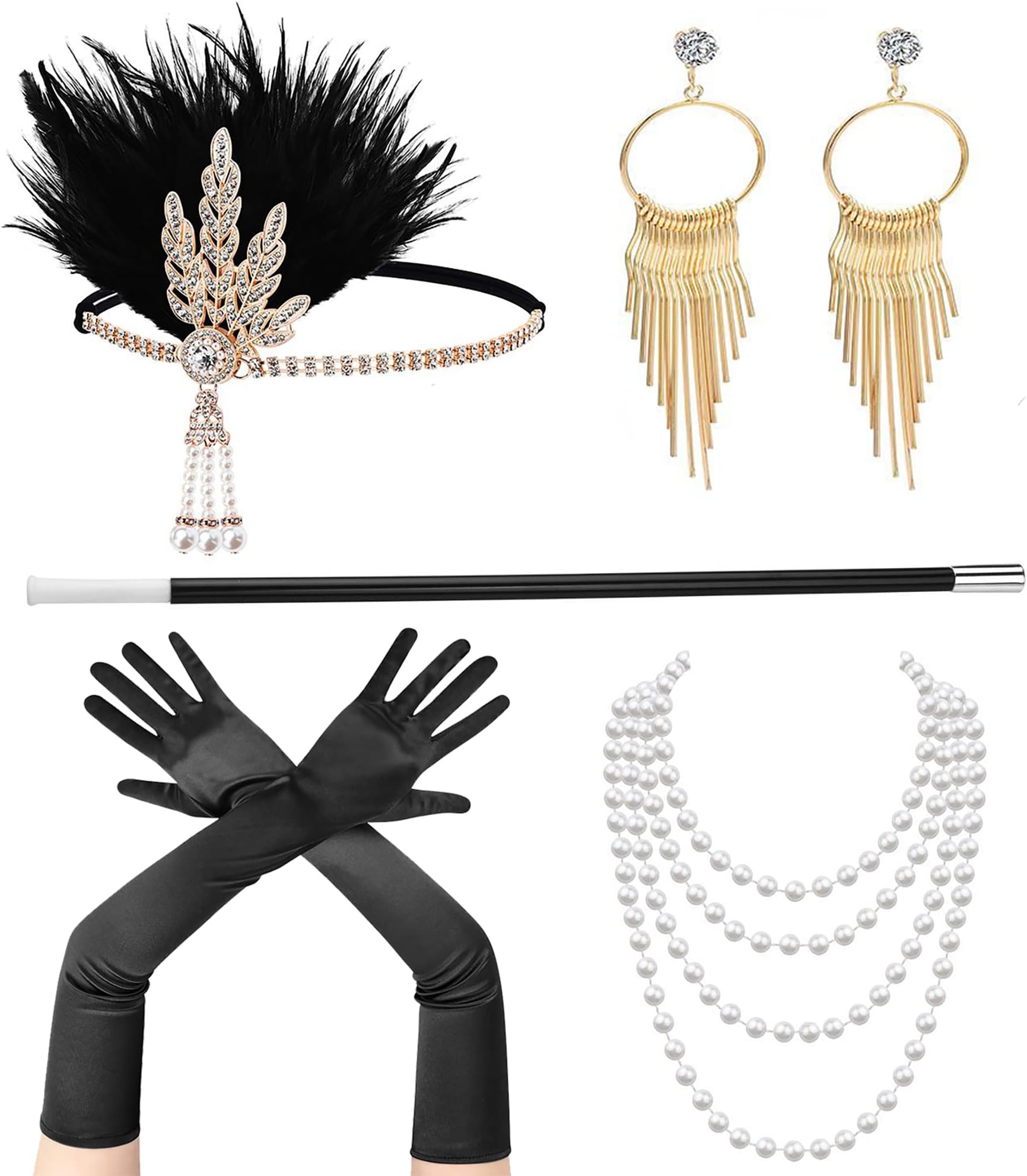 Womens 1920s Flapper Accessory Set Great Gatsby Headband Headpiece Roaring 20's Costume Accessories Pack of 5