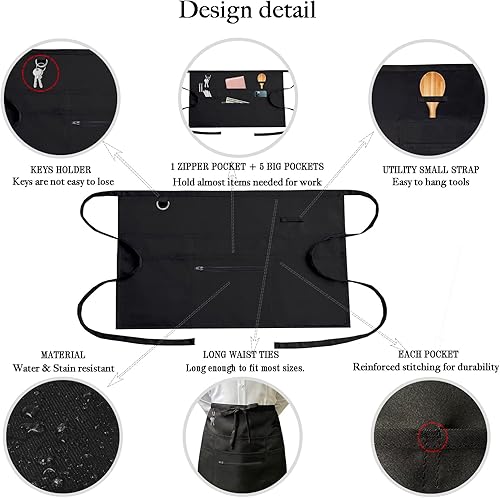 Miniatura 4 de AEKTBY Delantales negros con 6 bolsillos, delantal de cintura para camarera unisex, peluquero, limpiador