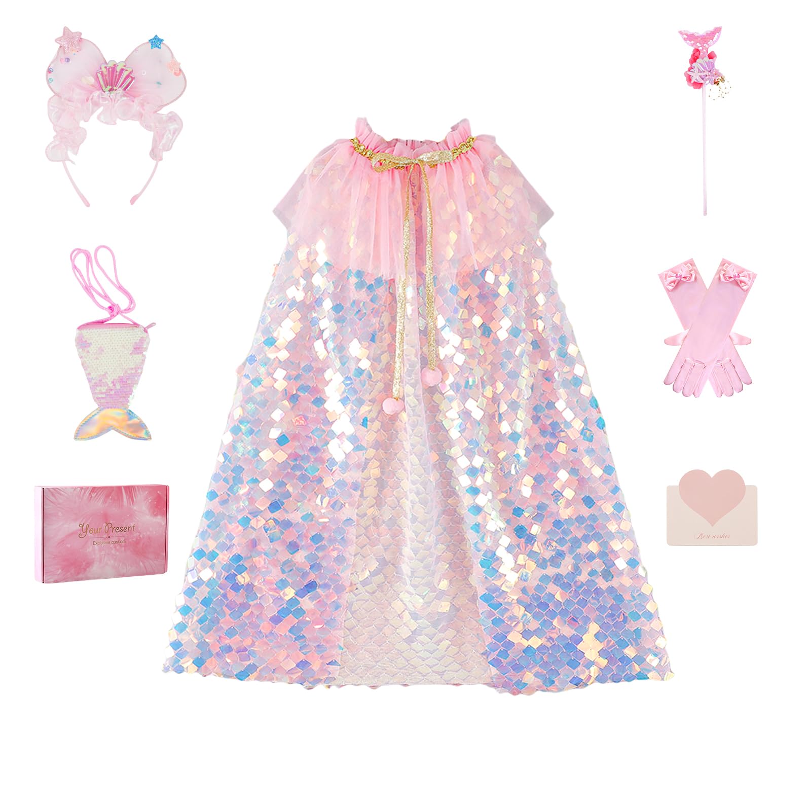 YOOCHUENG Girls Sequin Cape Set for Aged 7+ Years Old,Colorful Princess Shiny Cloak Kids Fancy Costume for Party Birthday Cosplay Role Play Kids' Day,Gift Box Included