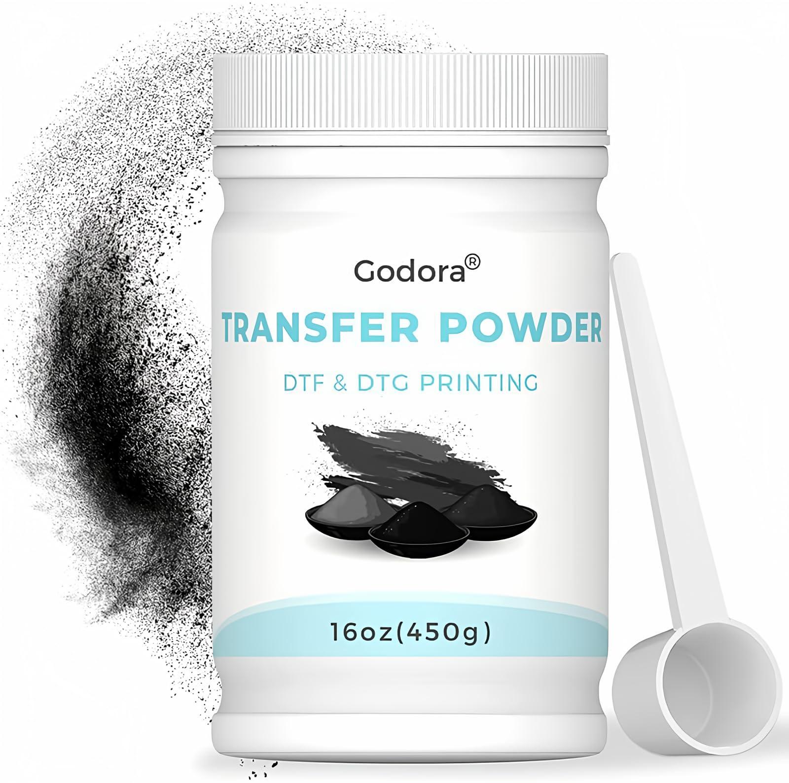 Godora DTF Powder Black Digital Transfer Hot Melt Adhesive, DTF PreTreat Transfer Powder for Black or Dark Colored Garments, DTF Hot Melt Adhesive Powder for All DTF and DTG Printers, 450g - 16oz