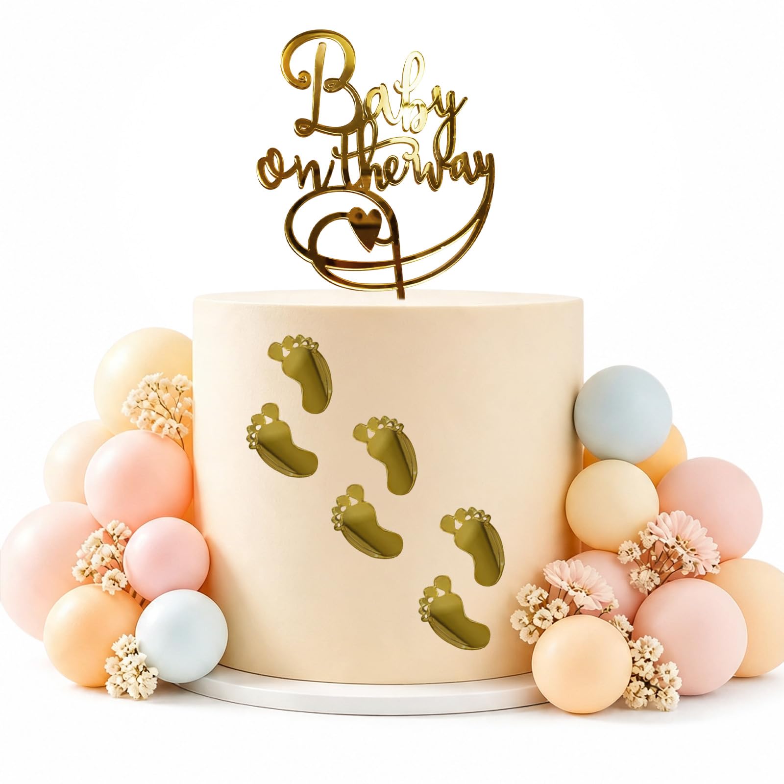 Oh Baby Cake Topper 7PCS Acrylic Gold Baby Shower Decorations with 6 Footprints for Gender Reveal Christening Party (style2)