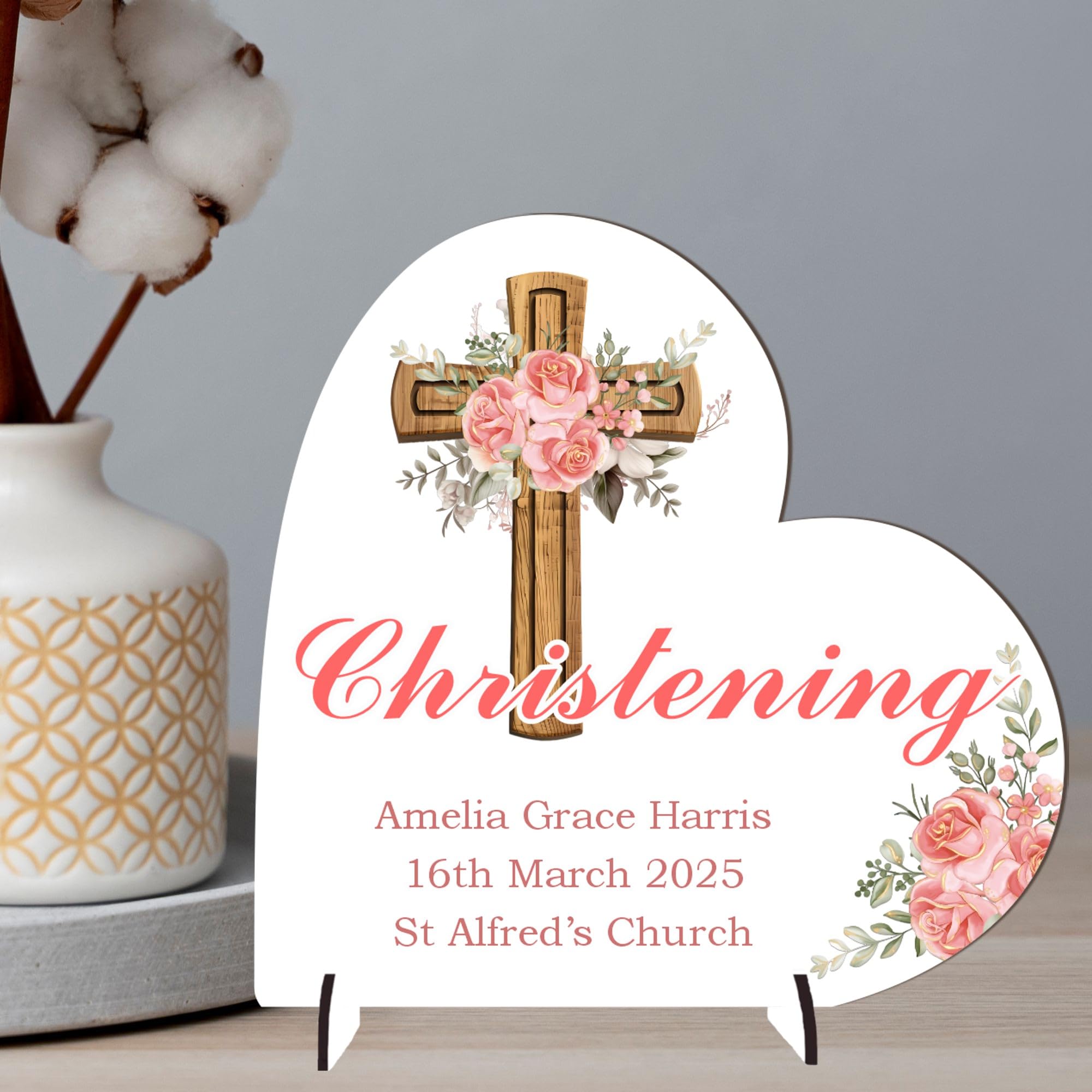 Elegant Baptism Keepsake - Personalised Christening, Communion or Confirmation Heart Plaque - Custom Religious Gift with Floral Cross (Christening, MDF Wood - Large - 19cm x 18.5cm)