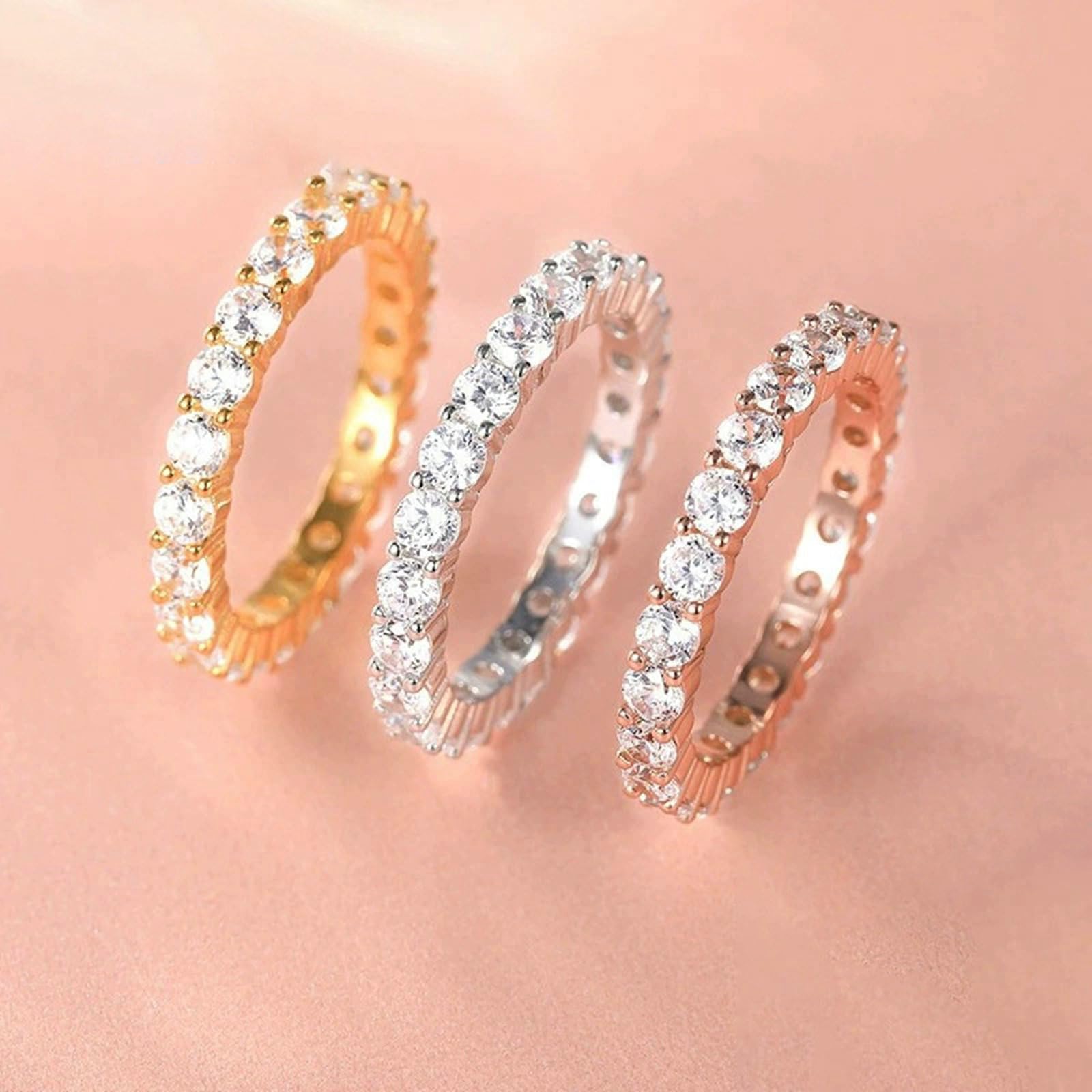 Anillos de compromiso y boda para mujer, plata de ley 925, oro rosa, anillo de promesa de eternidad de 3 mm con circonita cúbica
